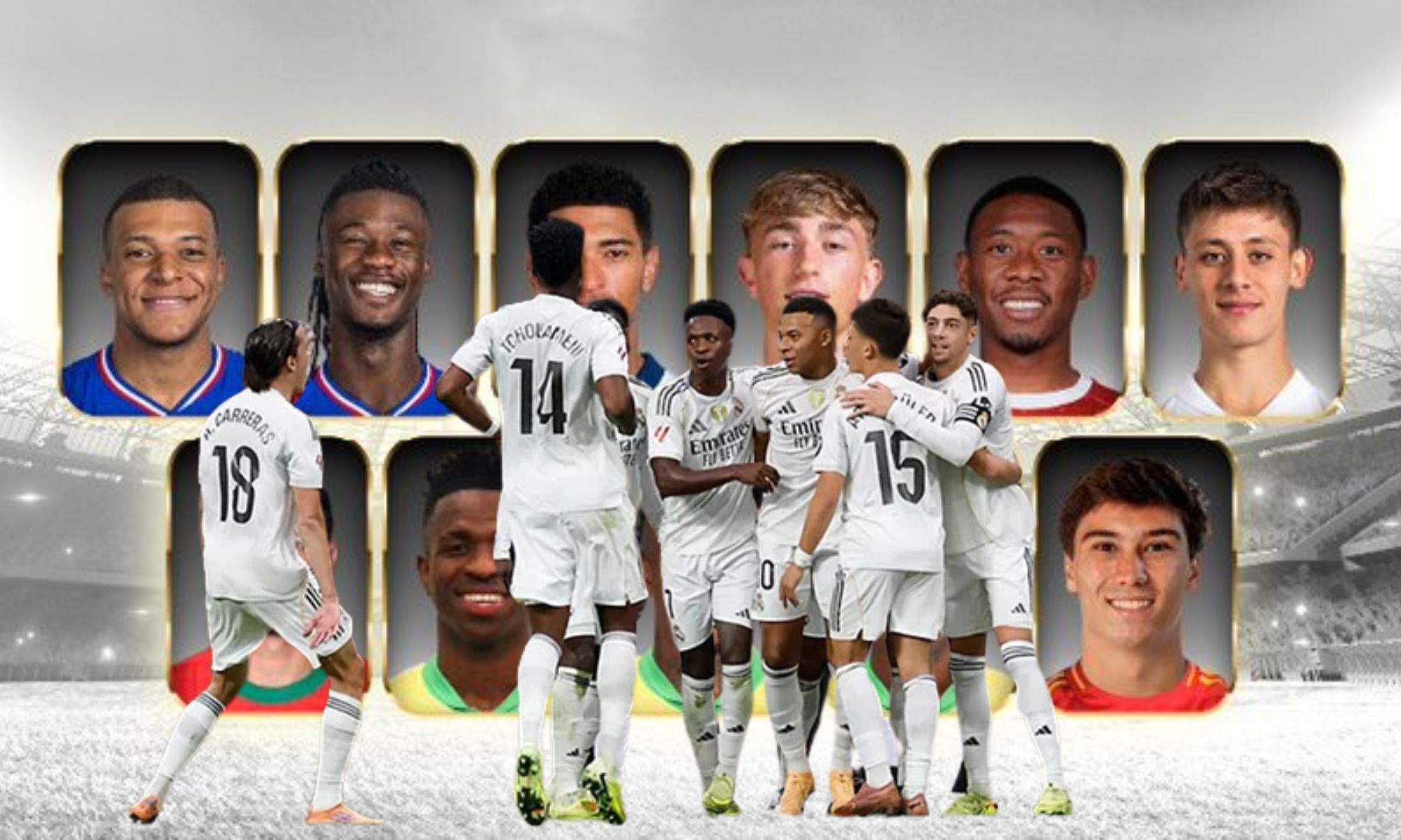 Jugadores celebrando un gol y debajo los convocados con sus selecciones