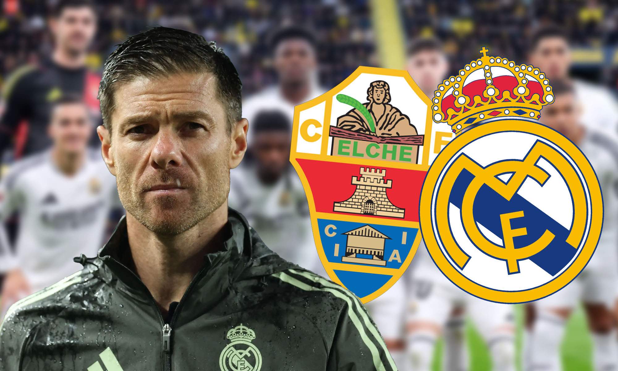 Xabi con escudos Elche y Real Madrid y plantilla de fondo