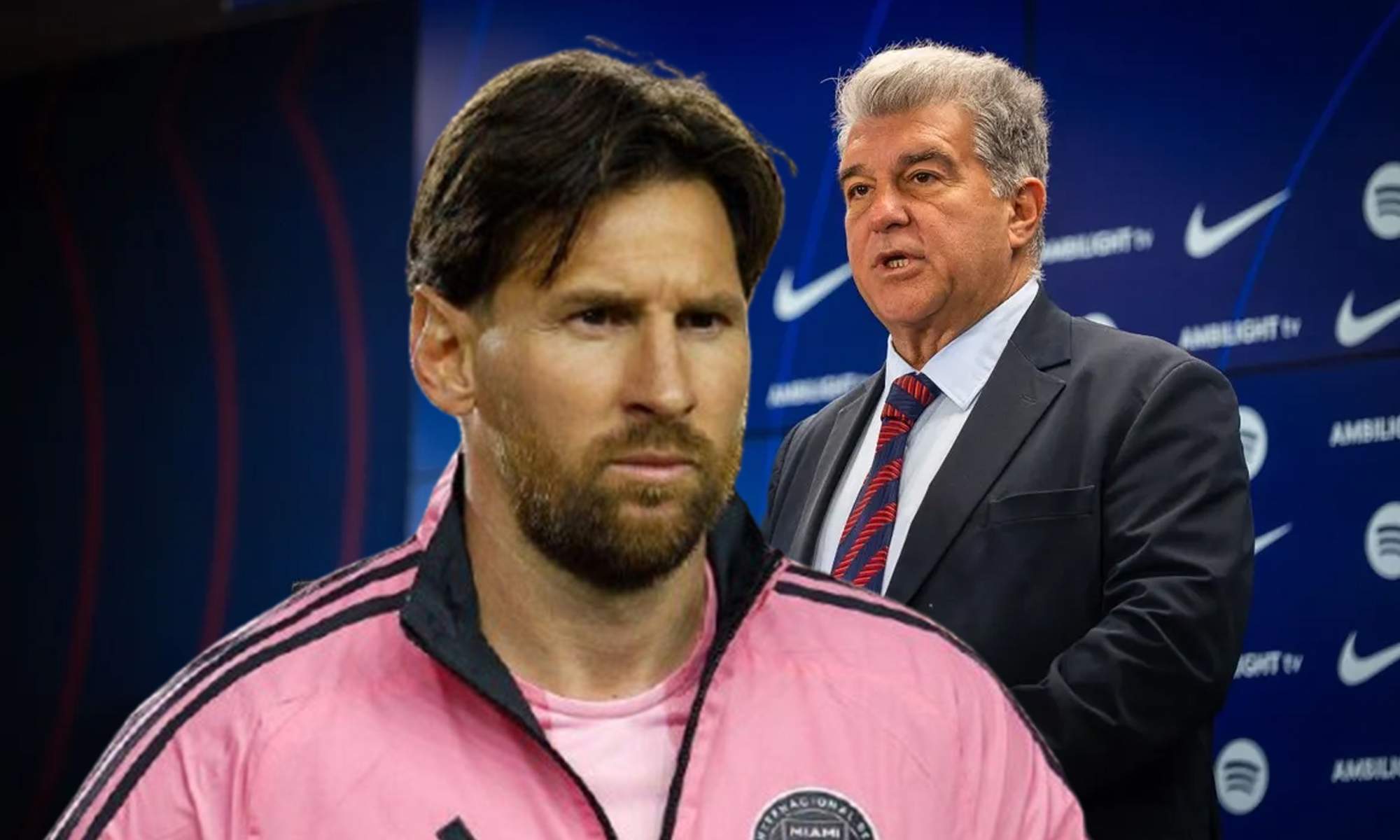 Leo Messi con la sudadera del Inter de Miami y Joan Laporta con el Barcelona. Leo Messi con la sudadera del Inter de Miami y Joan Laporta con el Barcelona.