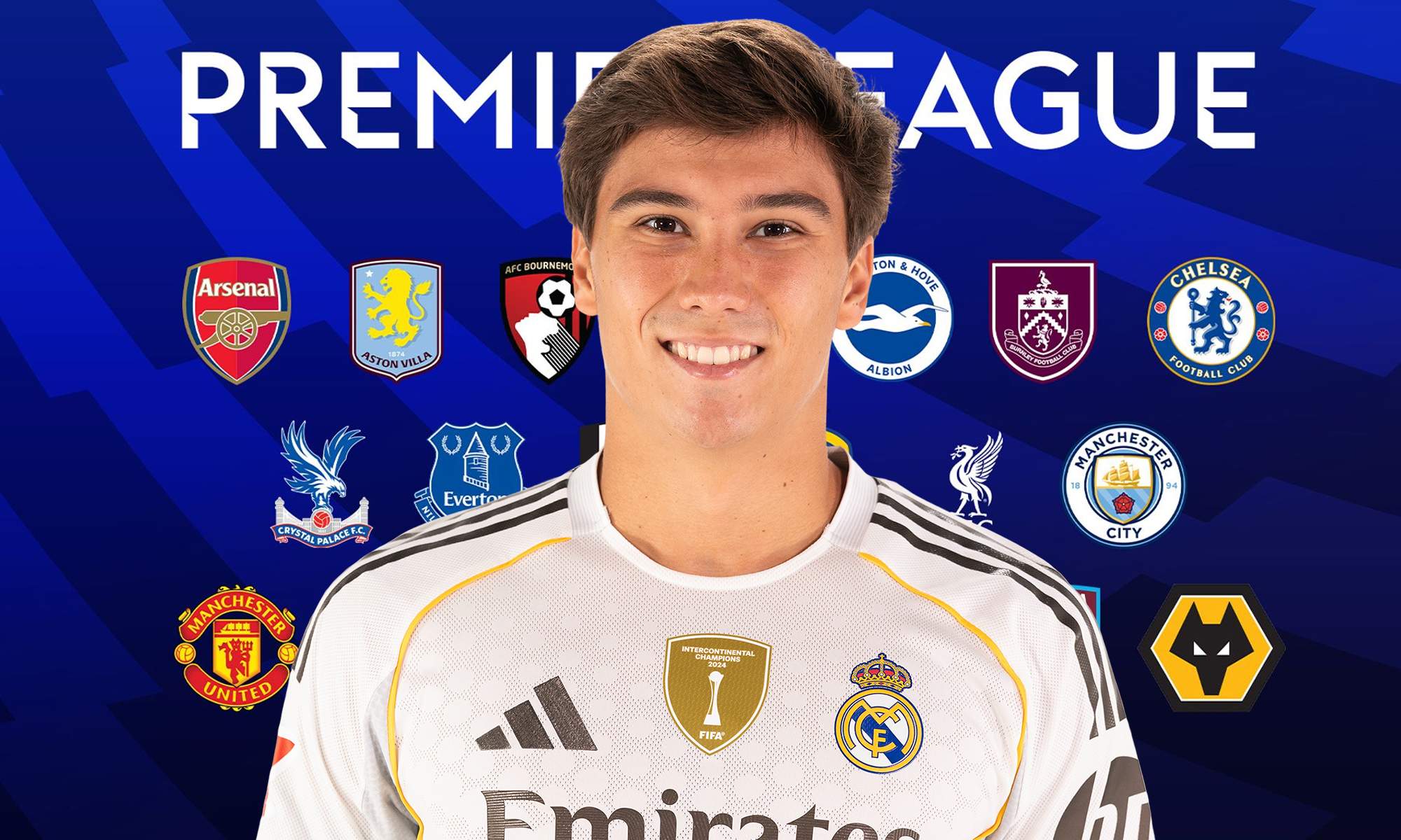 Gonzalo García con la camiseta del Real Madrid y equipos de la Premier League. Gonzalo García con la camiseta del Real Madrid y equipos de la Premier League.
