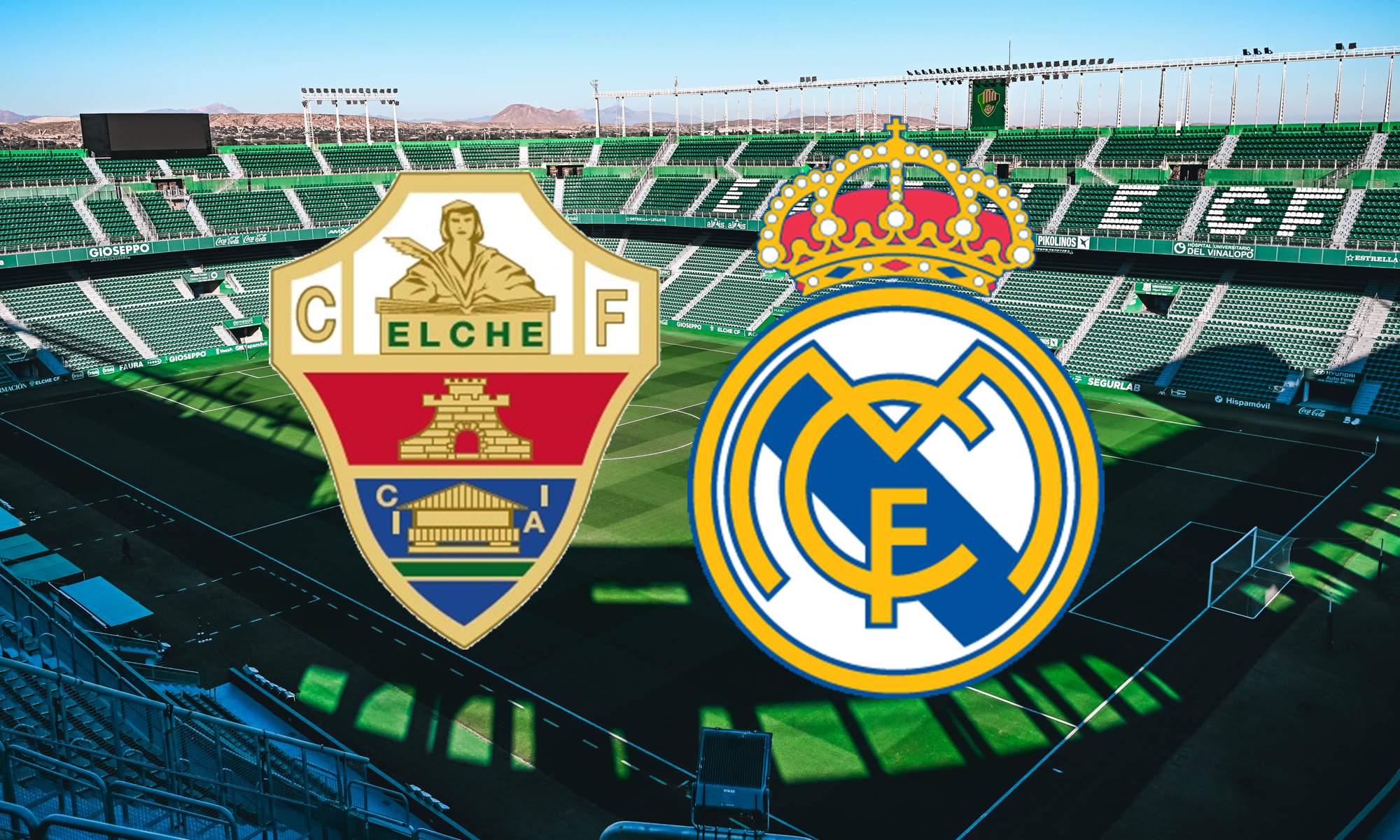 Escudos del Elche y del Real Madrid, y el estadio Manuel Martínez Valero.