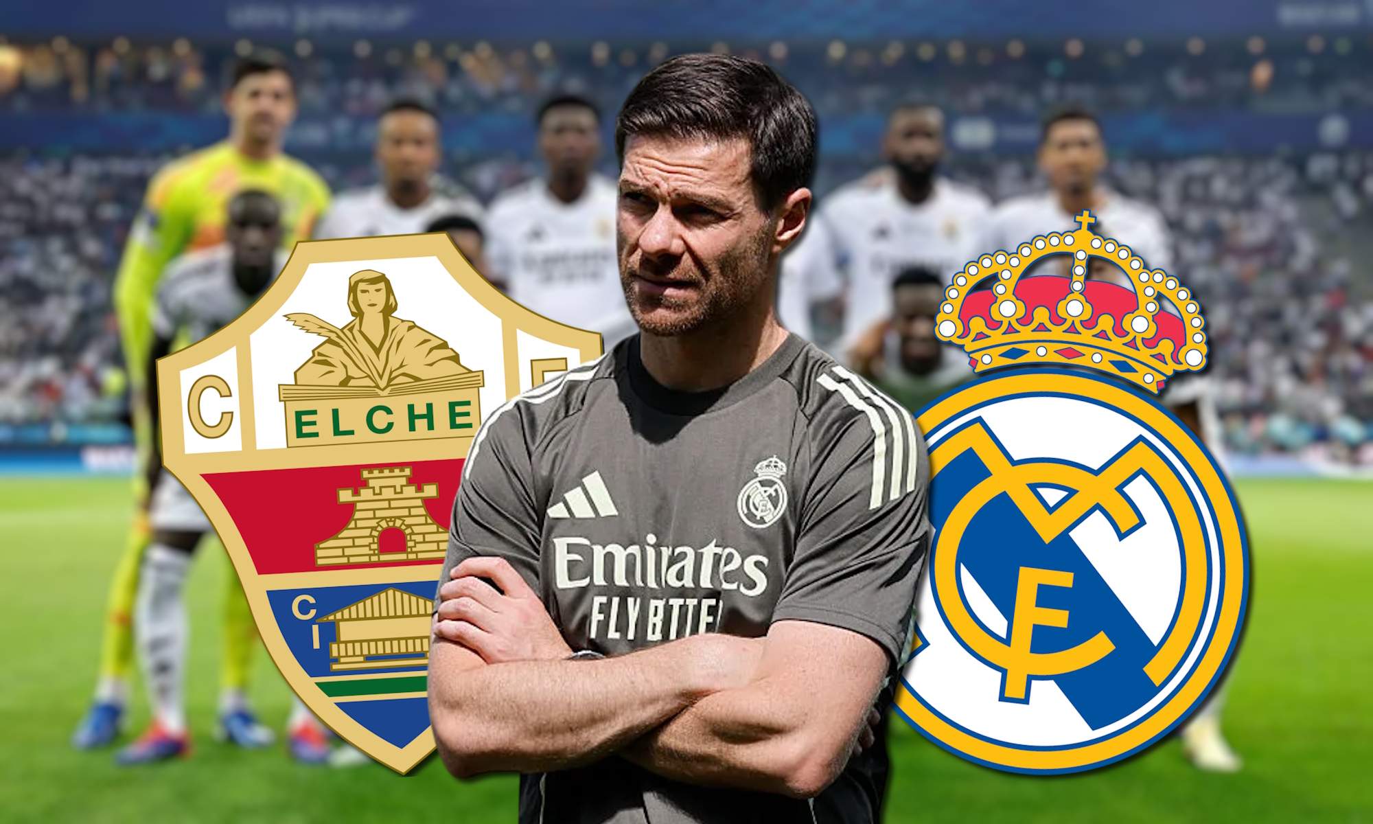 Xabi Alonso delante de escudos Elche y Real Madrid con once del Real Madrid delante