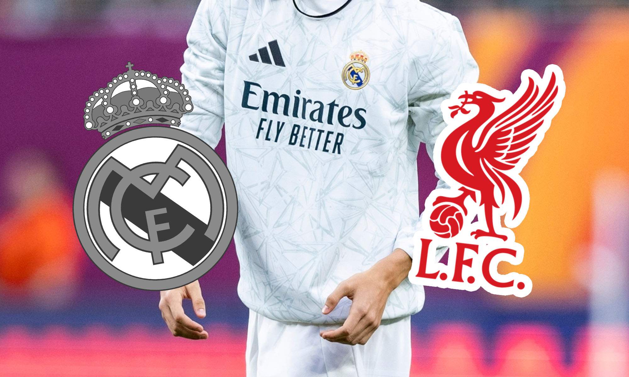 Jugador del Real Madrid de incognito con escudo Liverpool y Real Madrid en BN