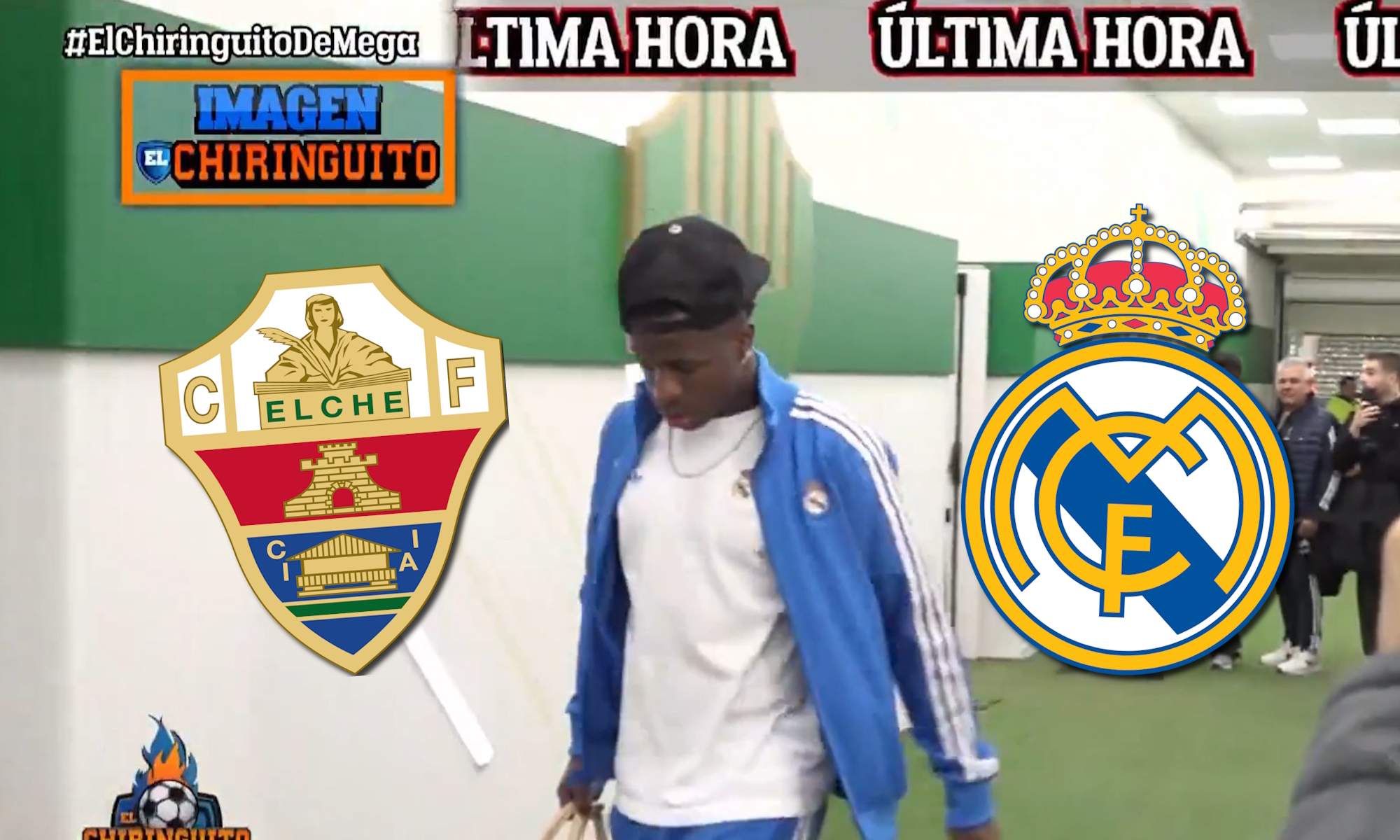 Vinicius después del partido y escudos Elche y Real Madrid