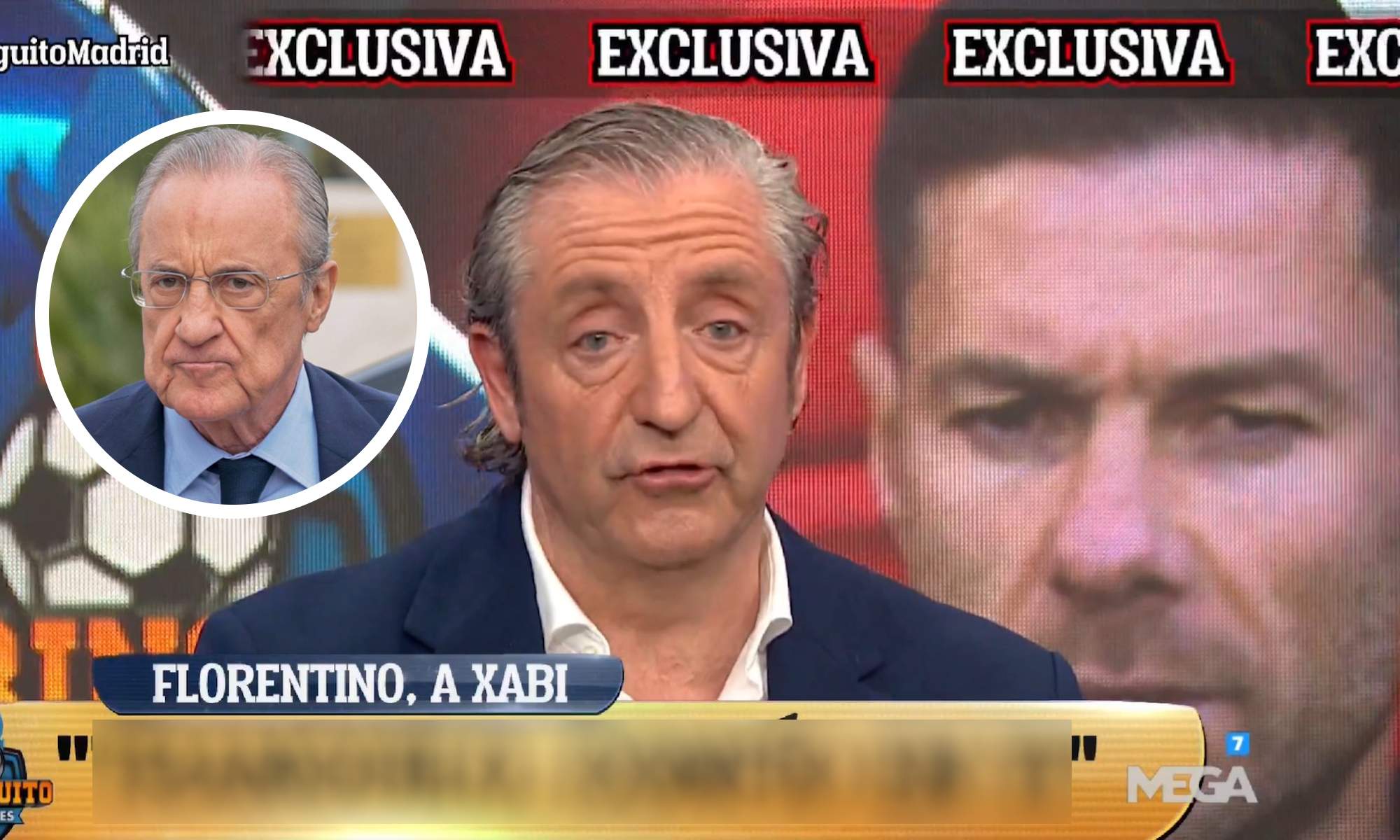 Pedrerol en el Chiringuito con Xabi de fondo y Florentino serio en círculo