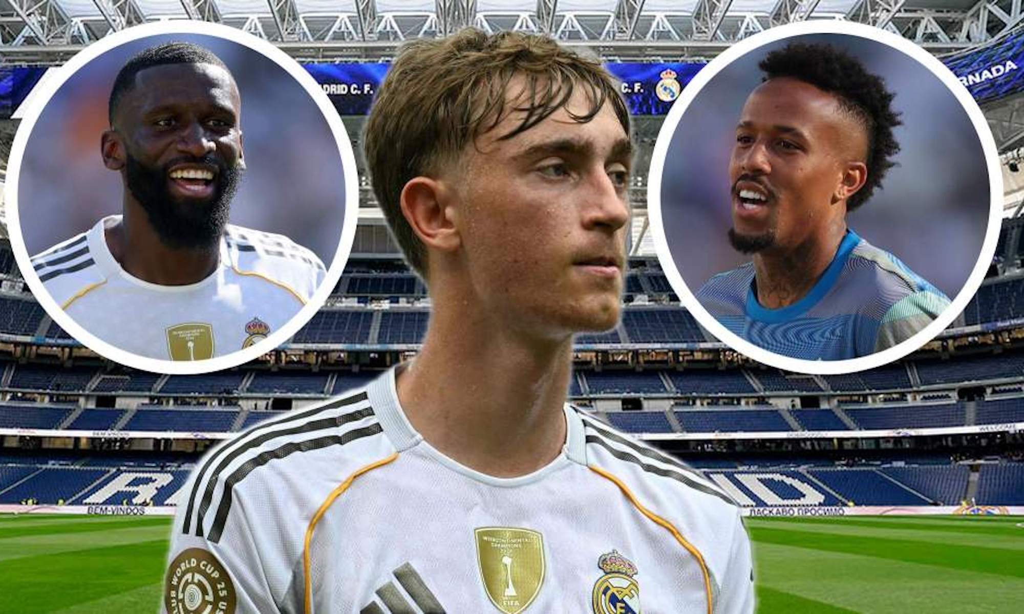 Huijsen con Militao y Rüdiger en círculo con fondo del Bernabéu