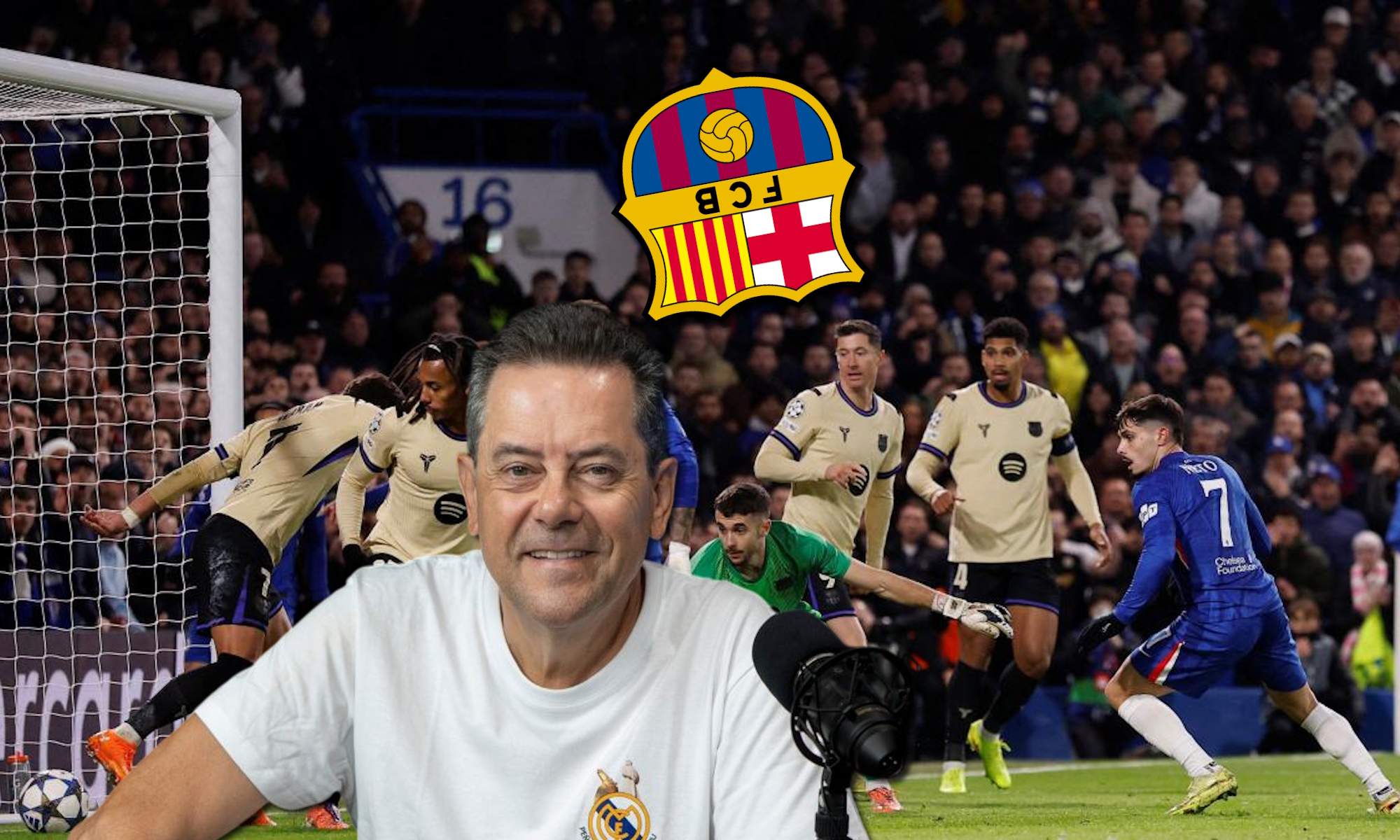 Roncero con partido del Barça de fondo y escudo al revés