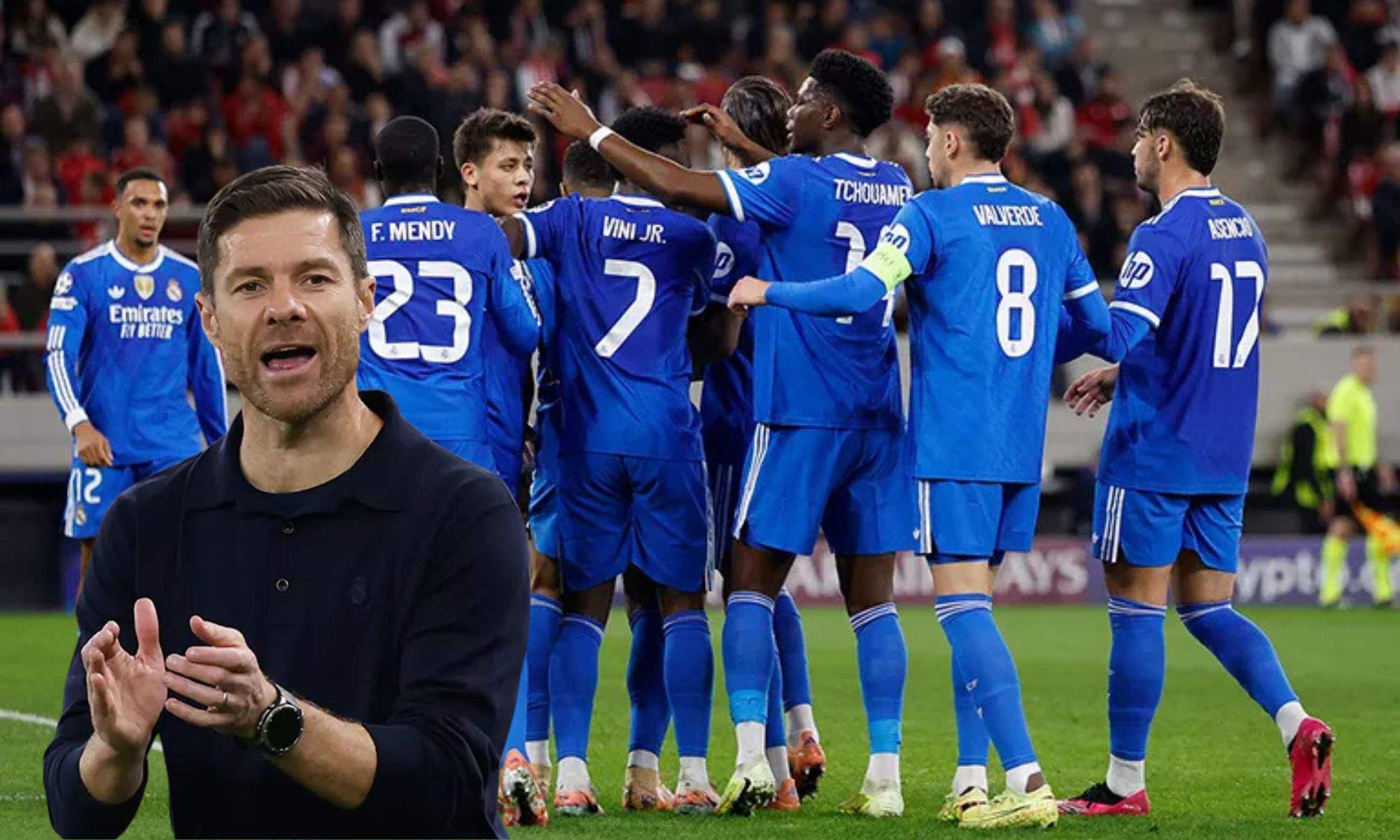 El equipo celebrando un gol y Xabi Alonso
