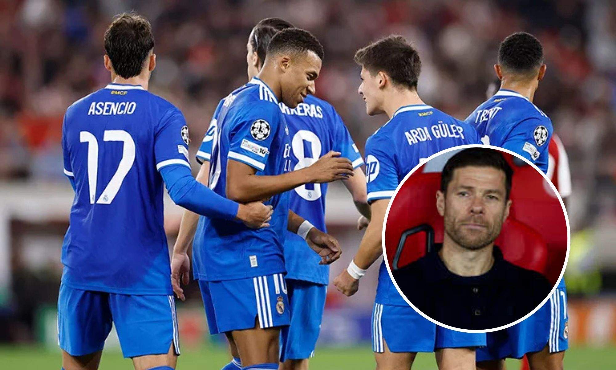 El equipo celebrando un gol y Xabi Alonso