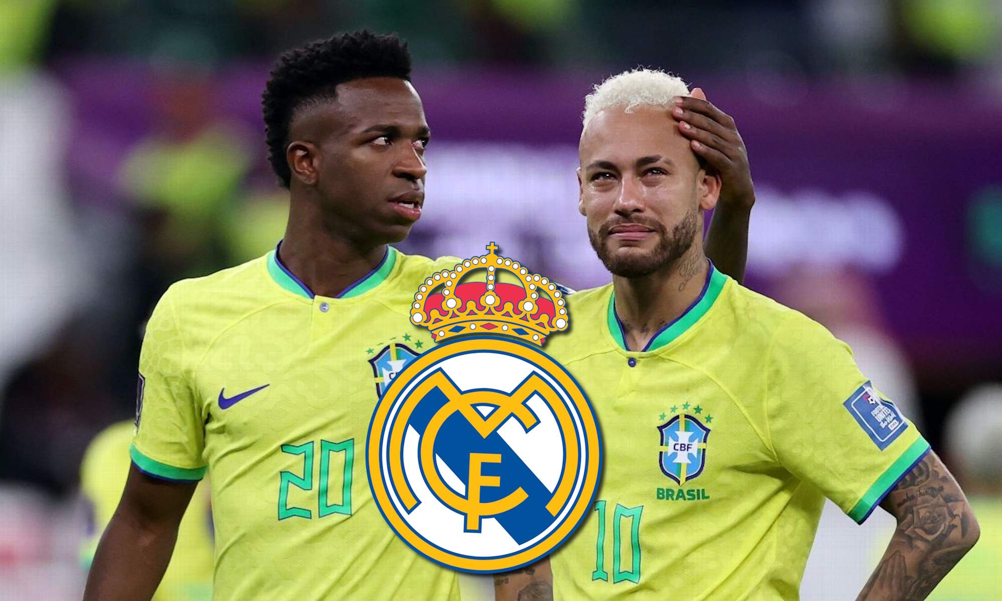 Neymar y Vinicius con Brasil y escudo del Real Madrid