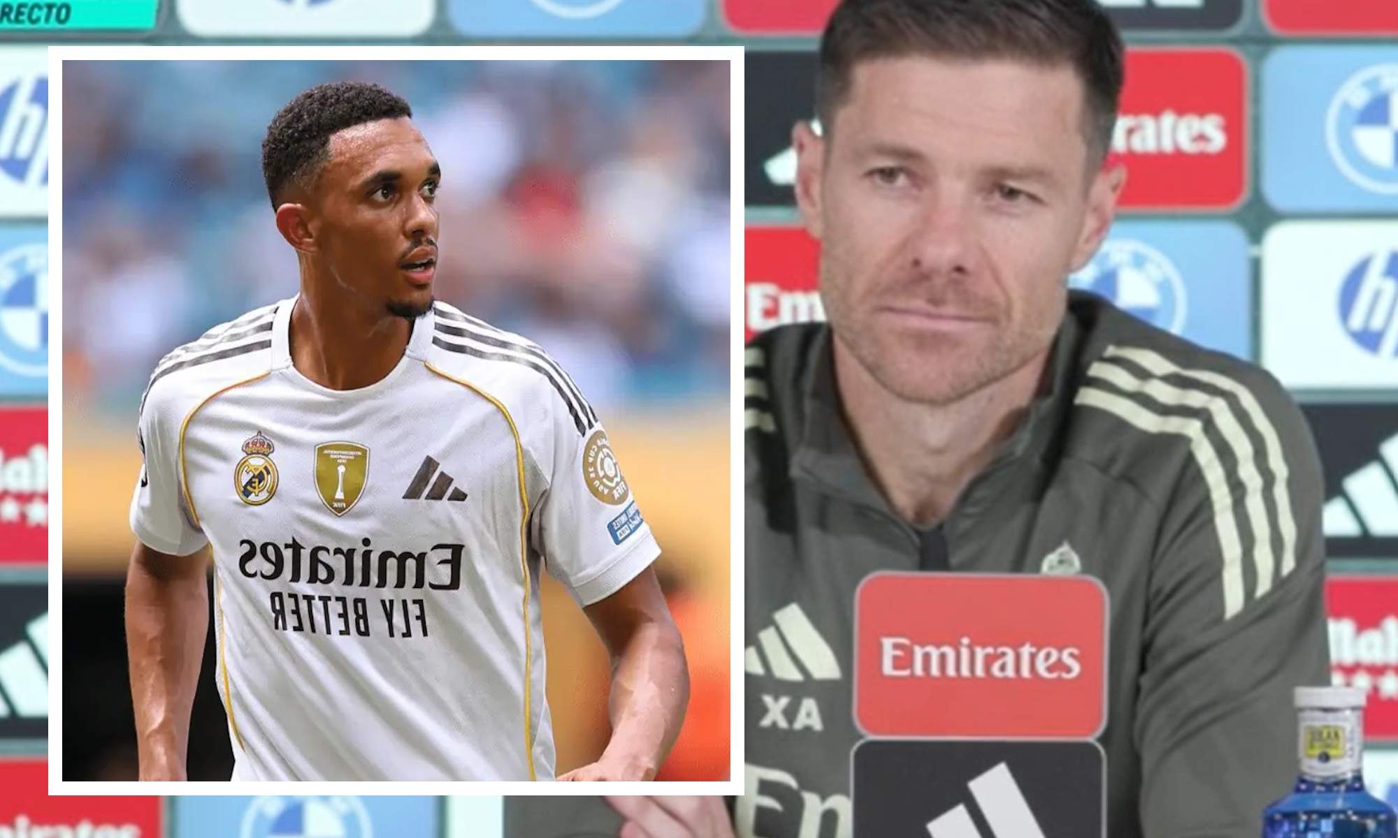 Xabi Alonso en rueda de prensa y Trent en recuadro