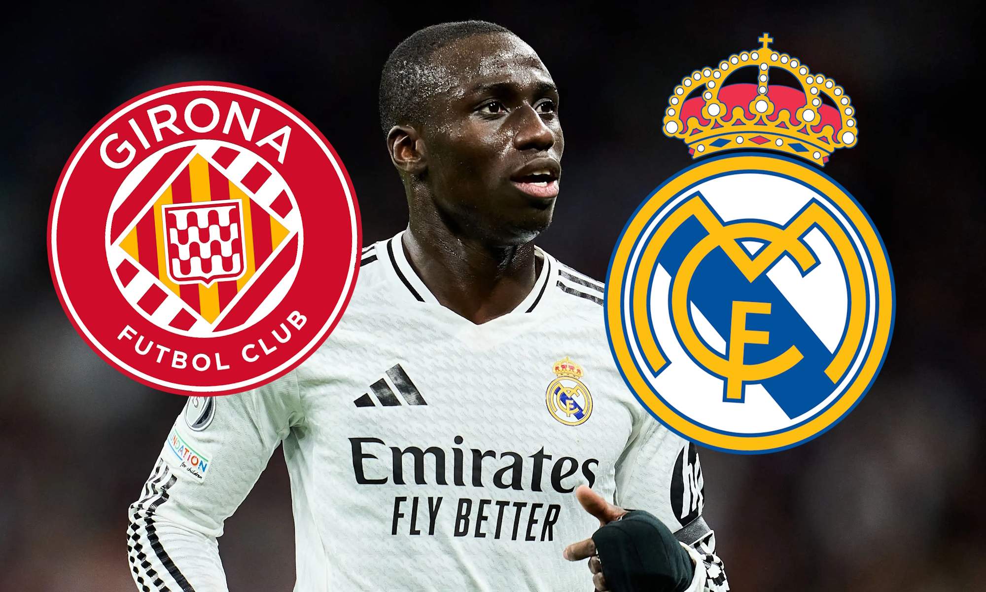 Mendy con escudo del Girona y del Real Madrid