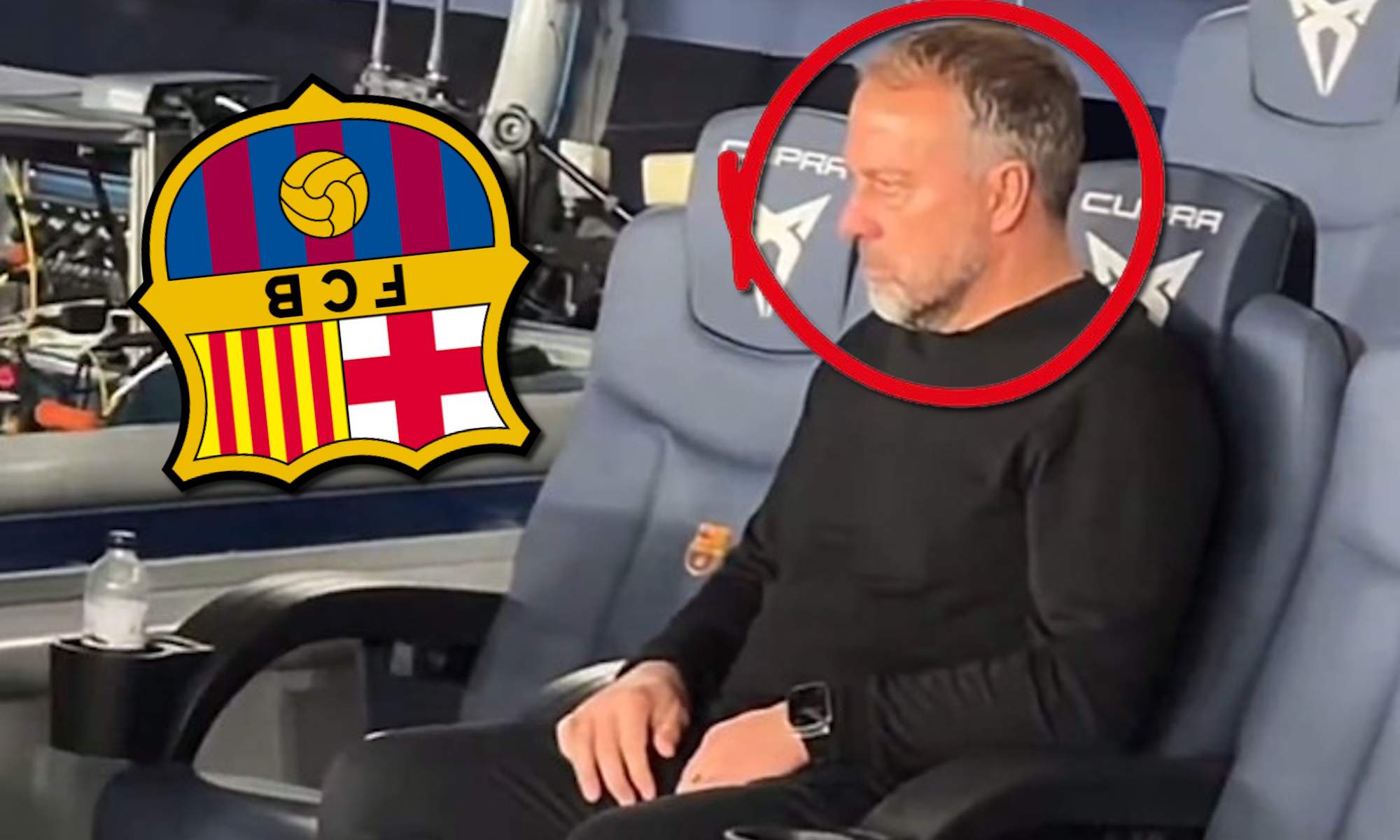 Flick en el partido de ayer y escudo del Barça al revés