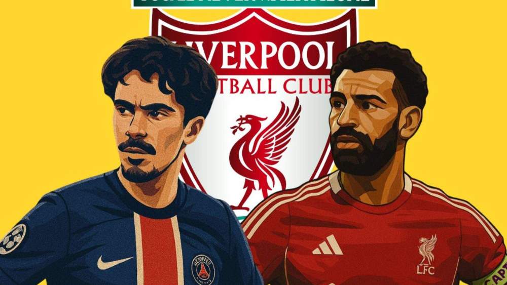 Salah y Vitinha sobre el escudo del Liverpool