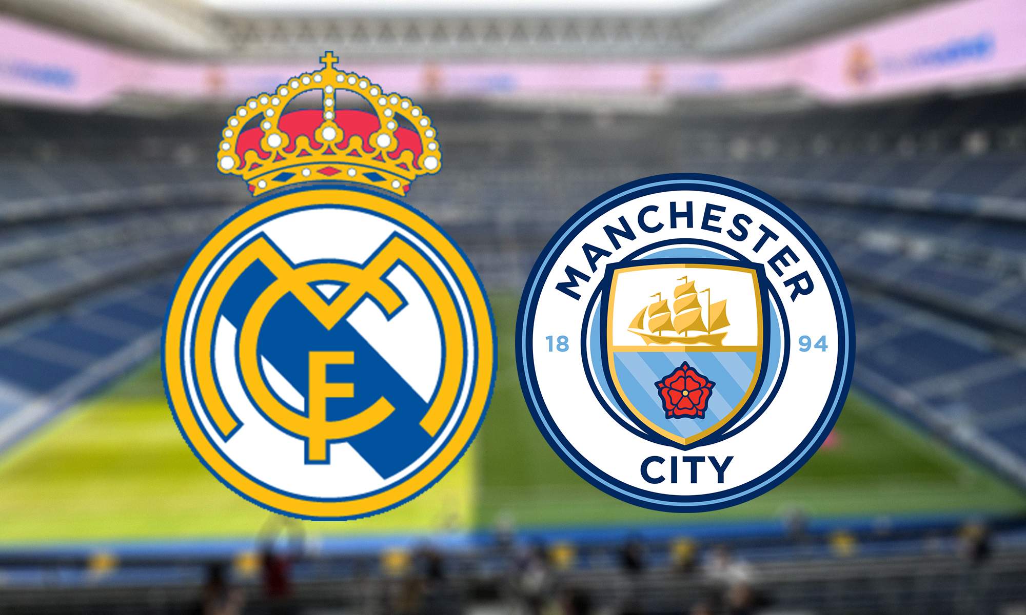 Escudos del Real Madrid y del Manchester City y el Santiago Bernabéu.