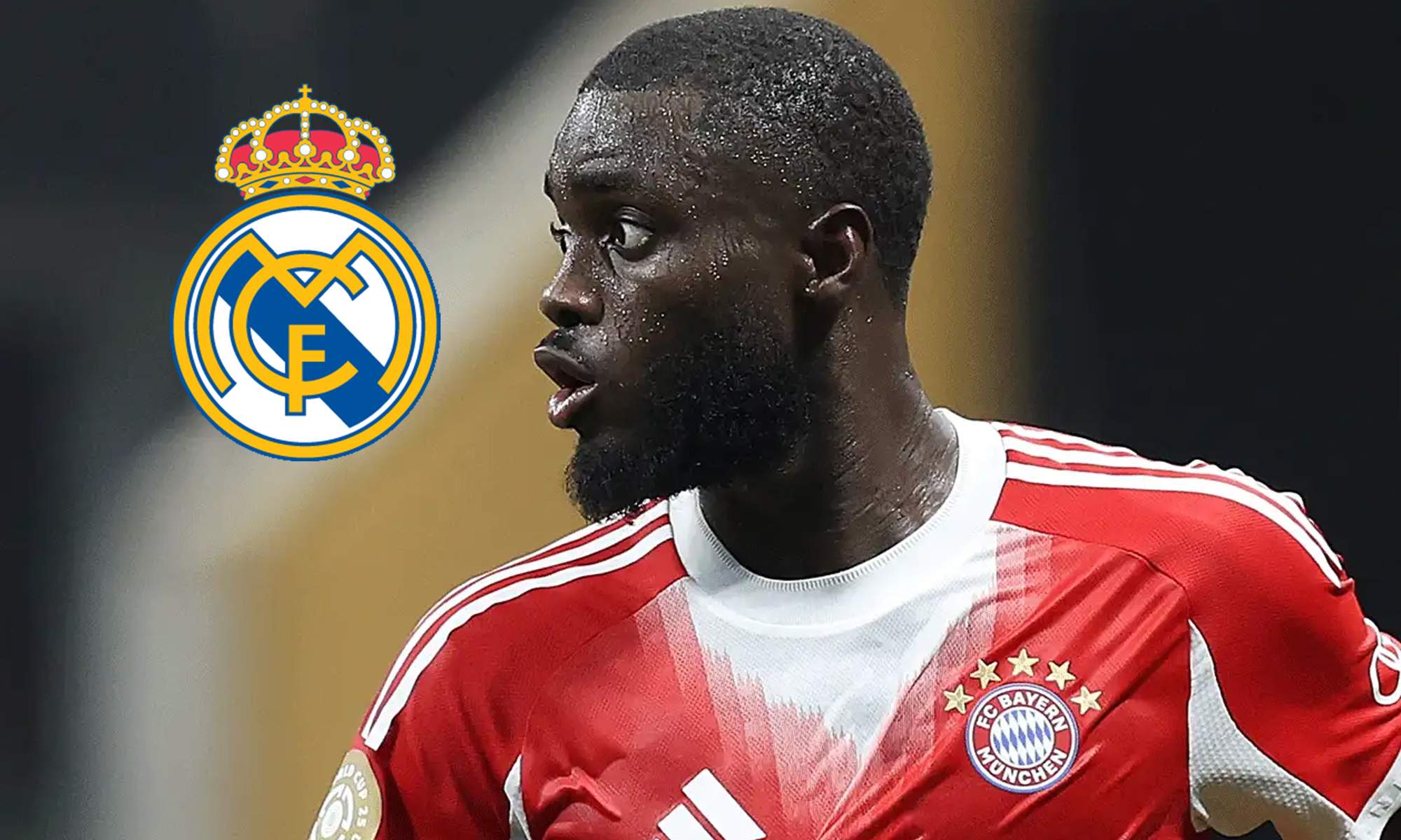 Upamecano jugando con el Bayern Múnich y el escudo del Real Madrid. 