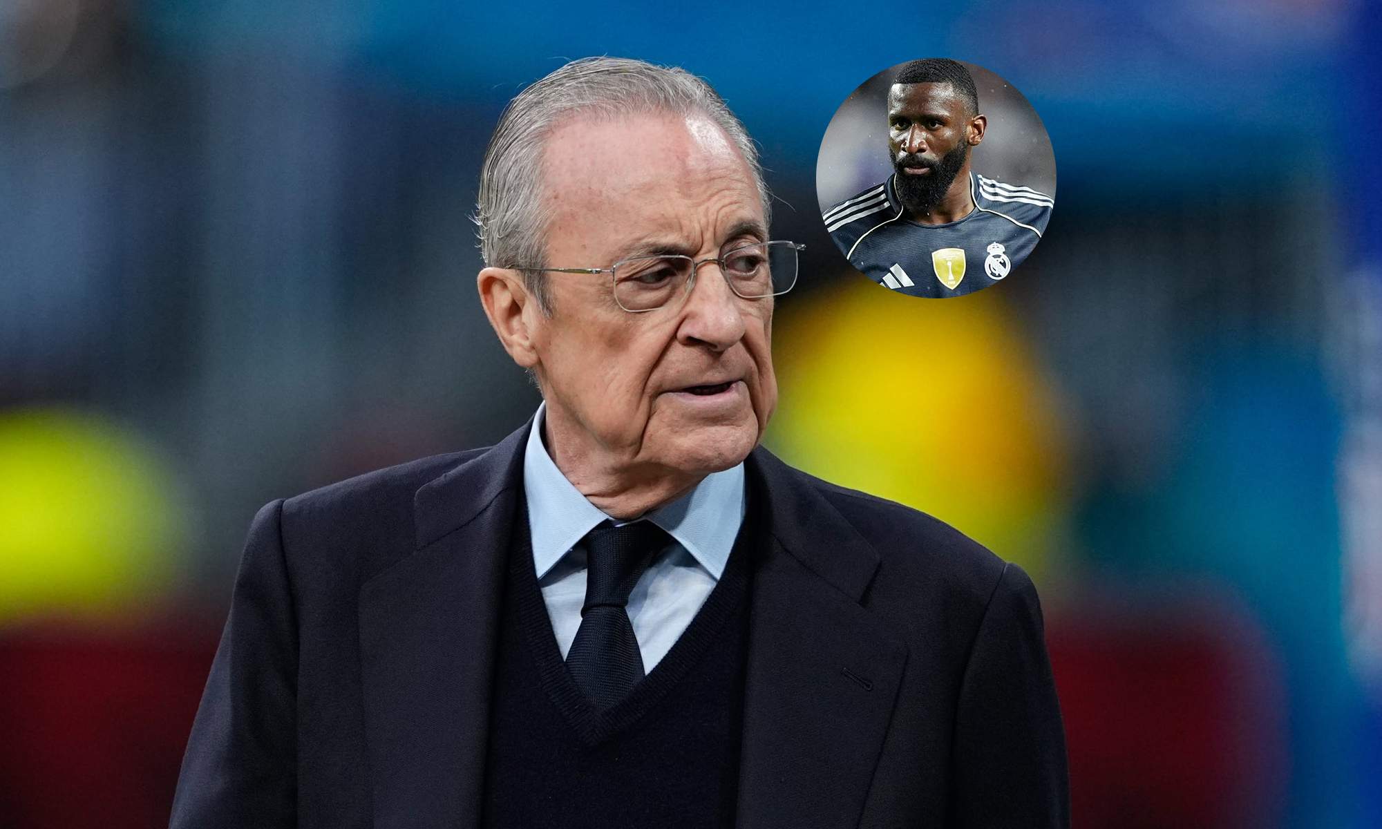 Florentino Pérez y una foto de Antonio Rüdiger.