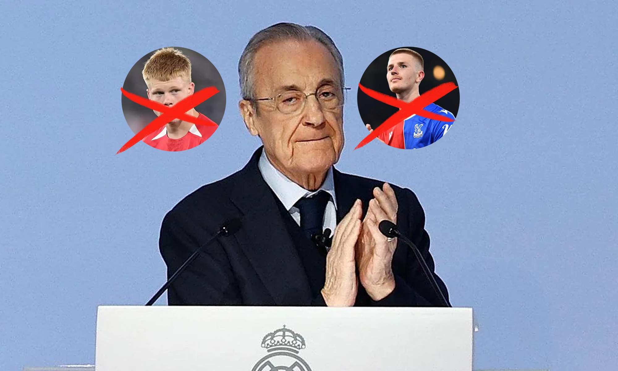 Florentino Pérez y una foto de Kees Smit y Adam Wharton.