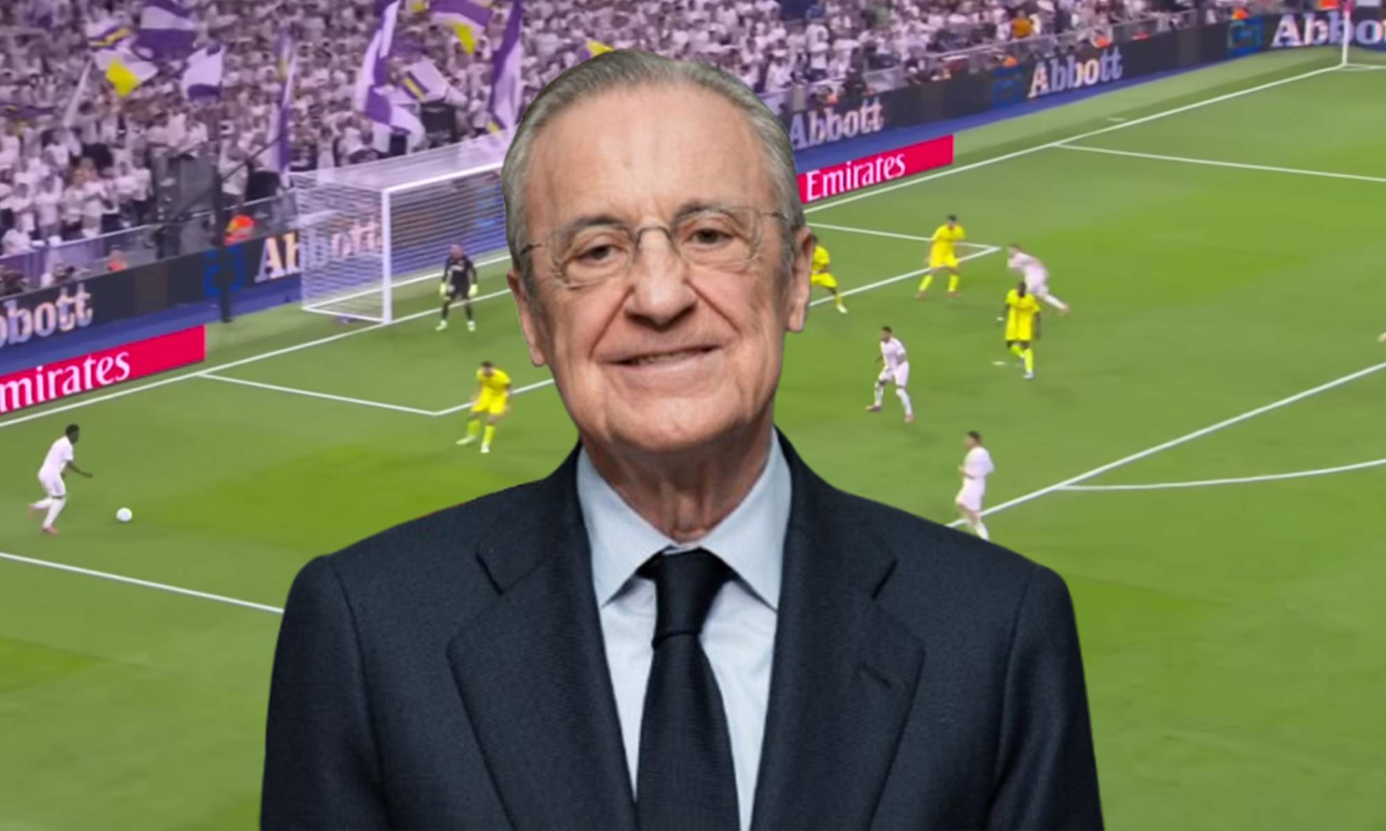 Florentino Pérez y una captura del Real Madrid - Villarreal. 