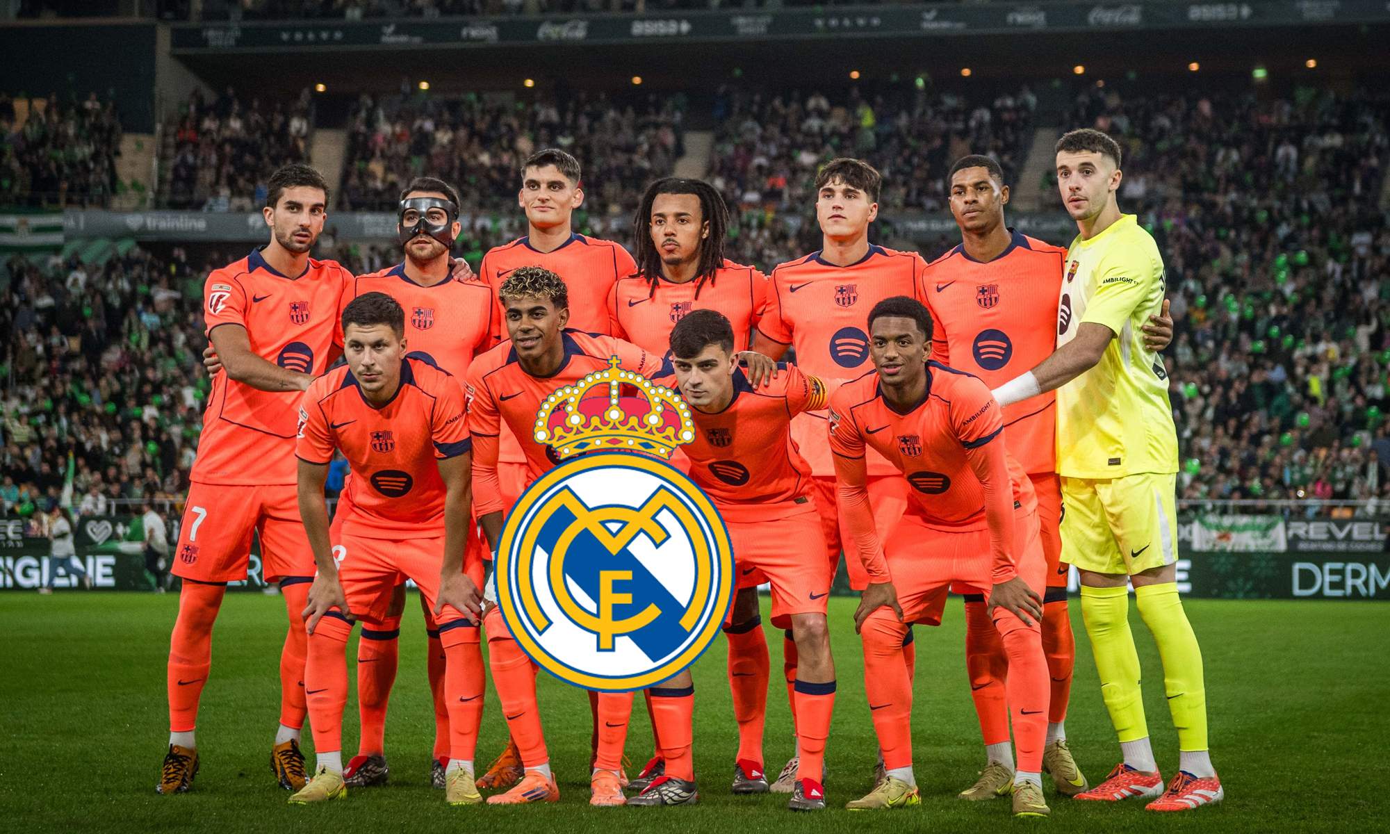 Once del Fútbol Club Barcelona contra el Real Betis y el escudo del Real Madrid.