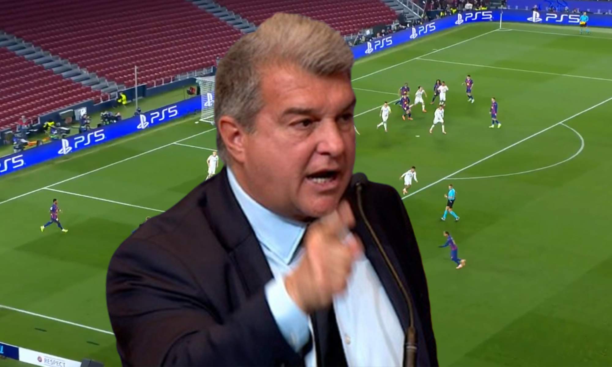 Joan Laporta y una captura del Barcelona - Eintracht Fráncfort.
