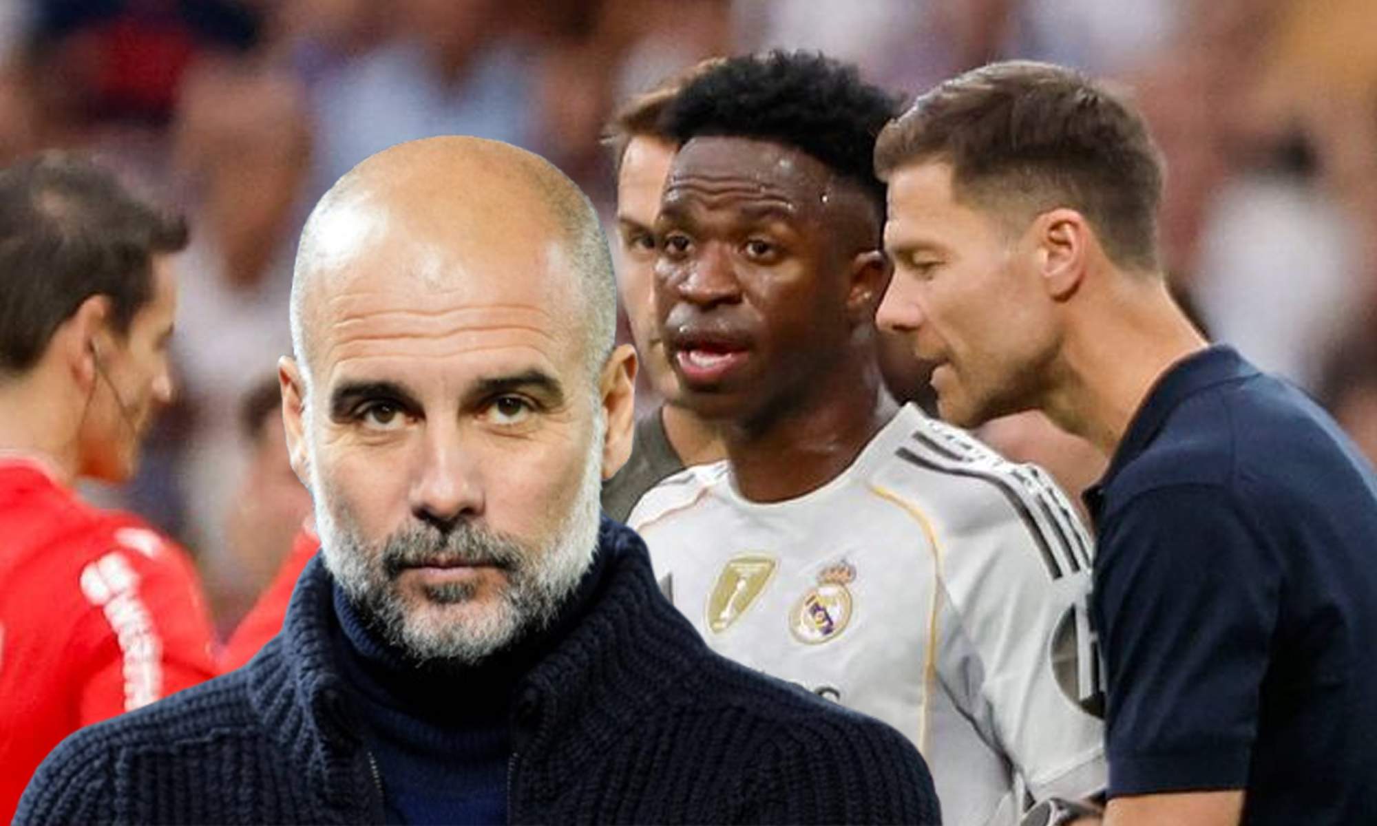 Pep Guardiola y una foto de Xabi Alonso y Vinícius Júnior.