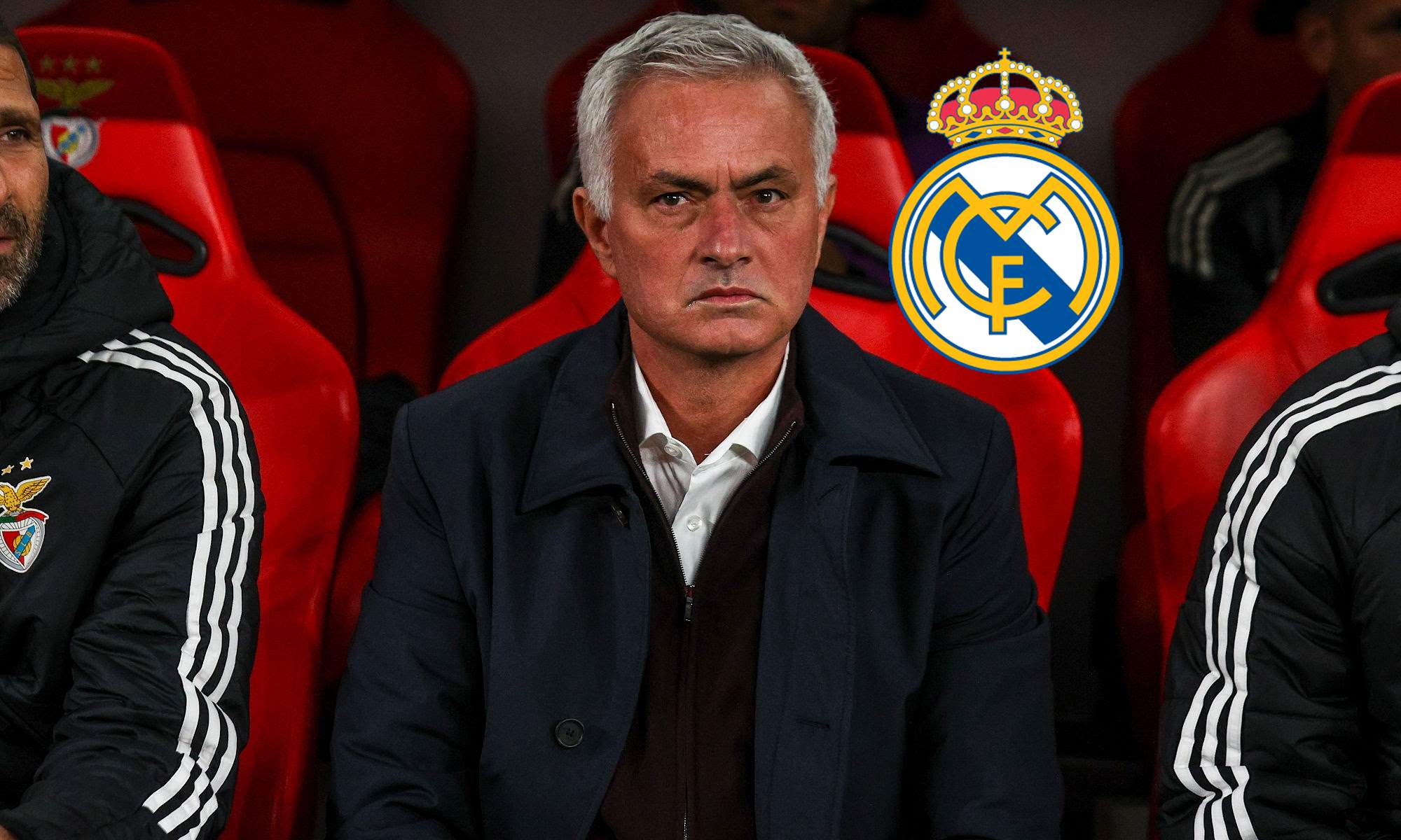 José Mourinho en el banquillo del Benfica y el escudo del Real Madrid. 