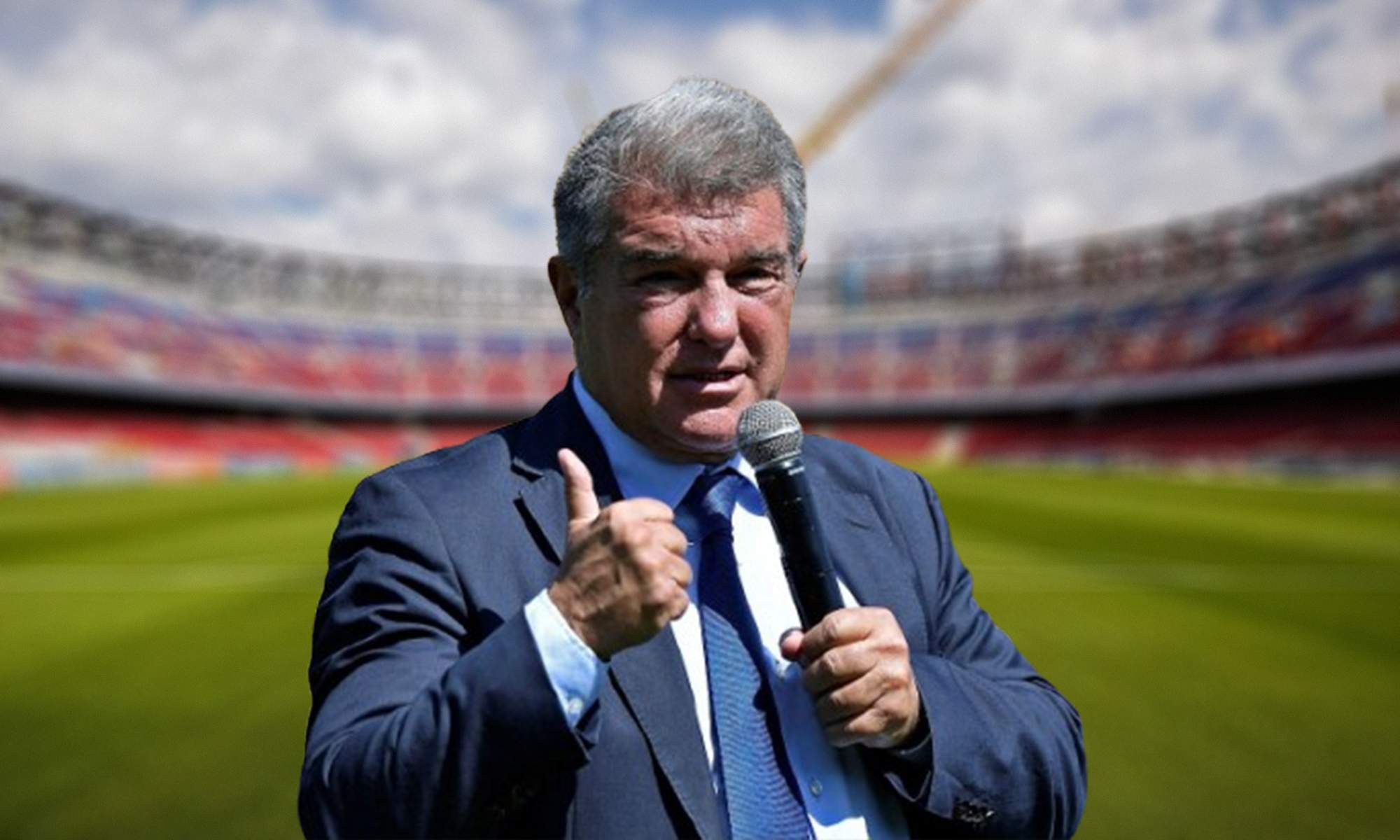 Joan Laporta hablando y el Camp Nou. 