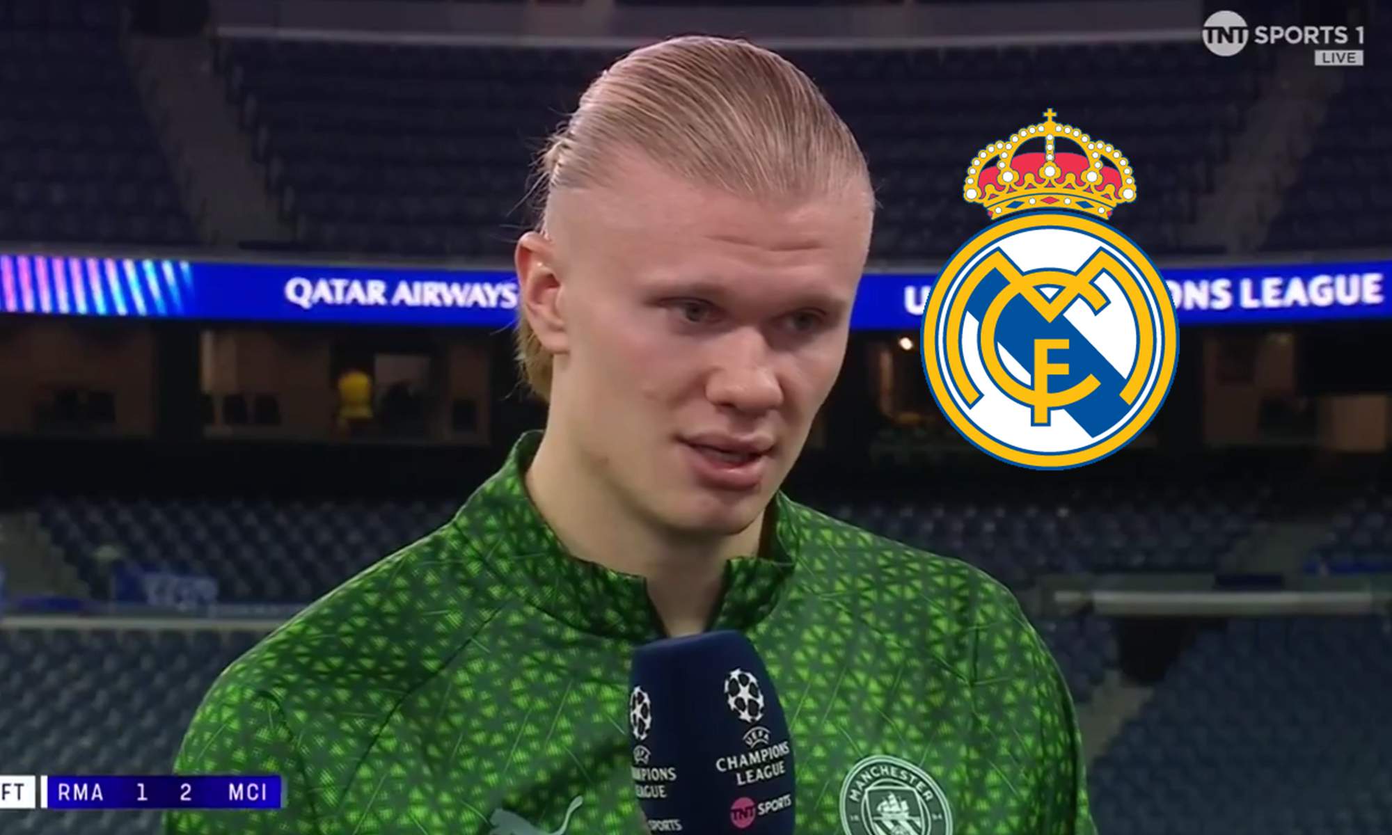 Erling Haaland en una entrevista y el escudo del Real Madrid.