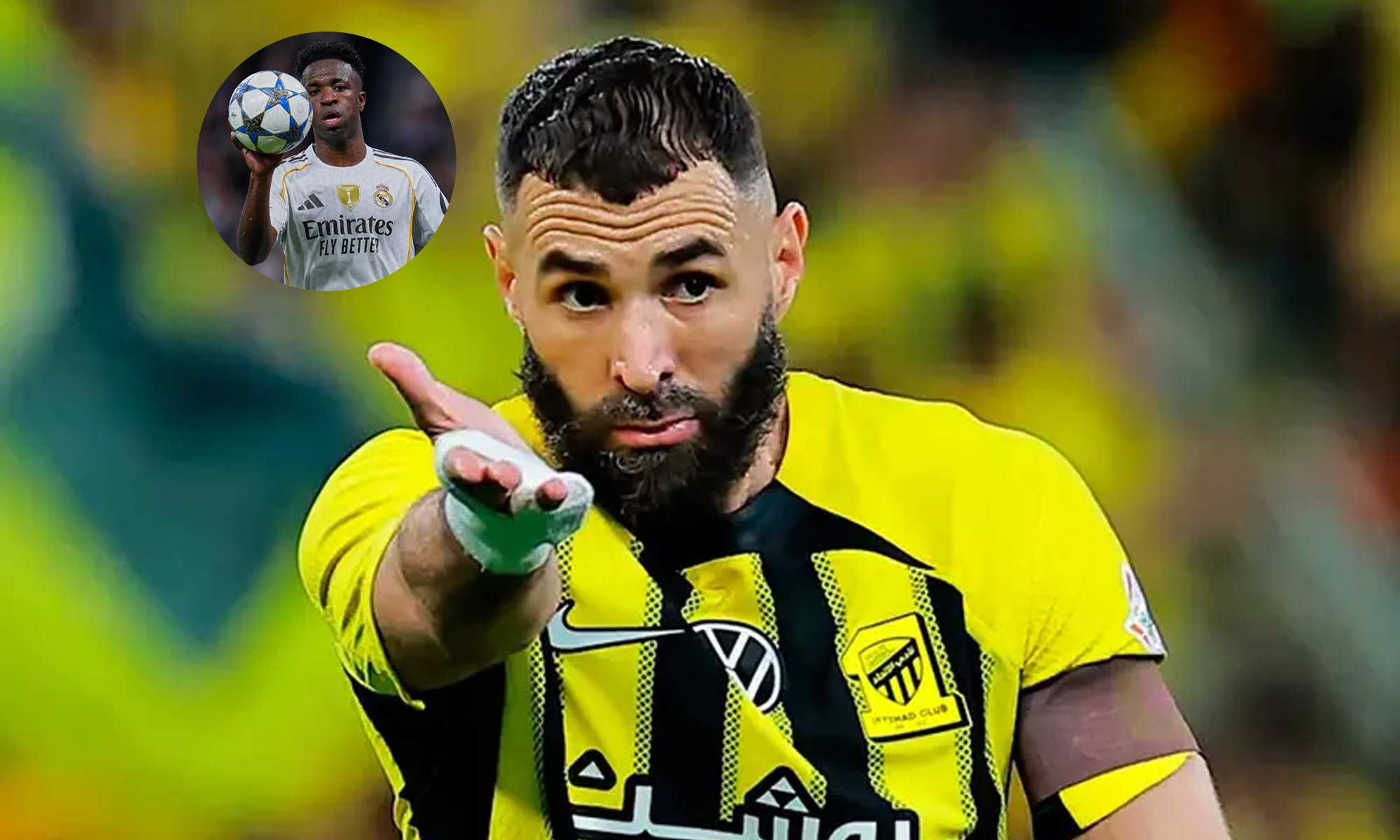 Karim Benzema jugando un partido con el Al-Ittihad y una foto de Vinícius Júnior.