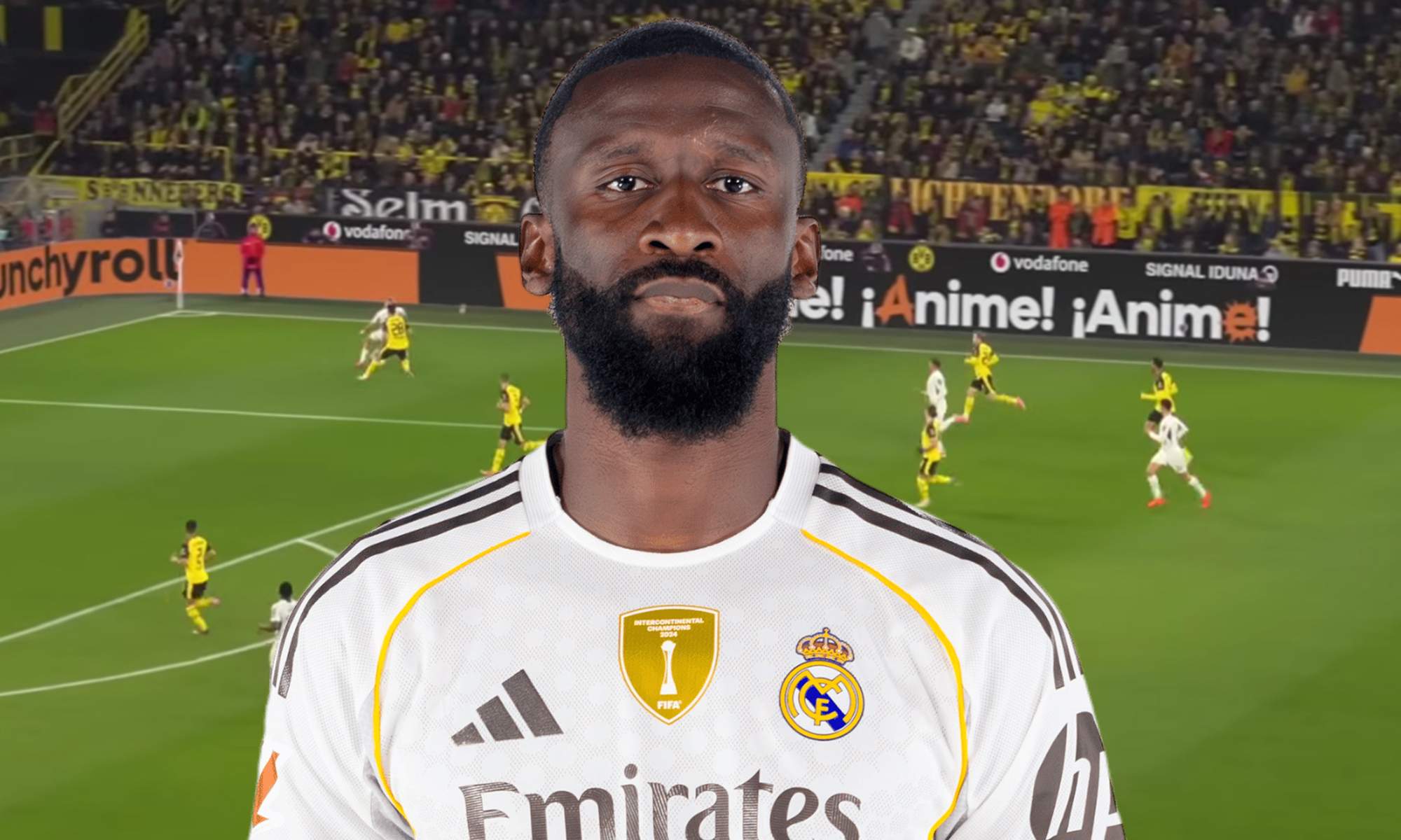 Antonio Rüdiger y una captura de un partido del Borussia Dortmund. 