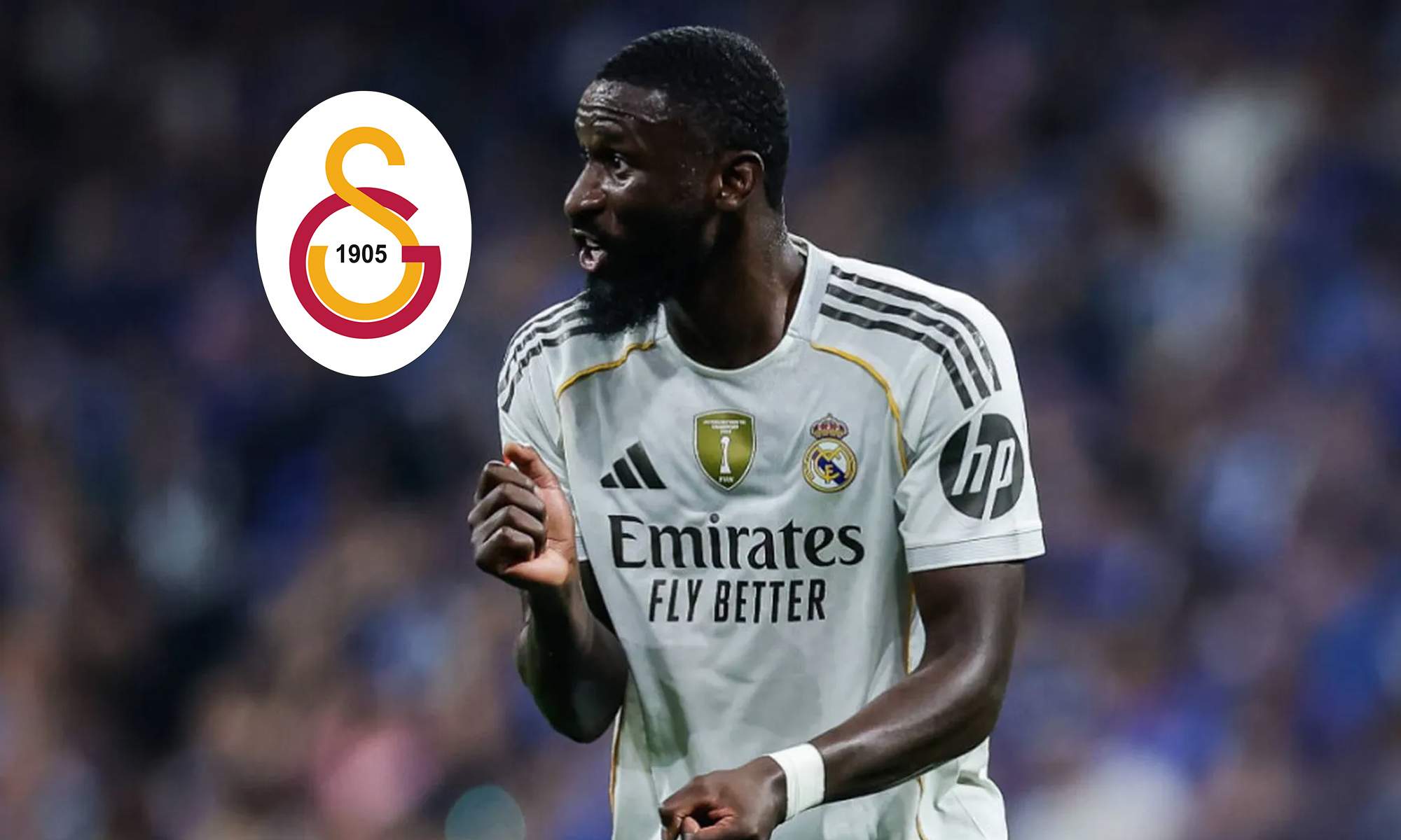 Antonio Rüdiger jugando un partido del Real Madrid y el escudo del Galatasaray.