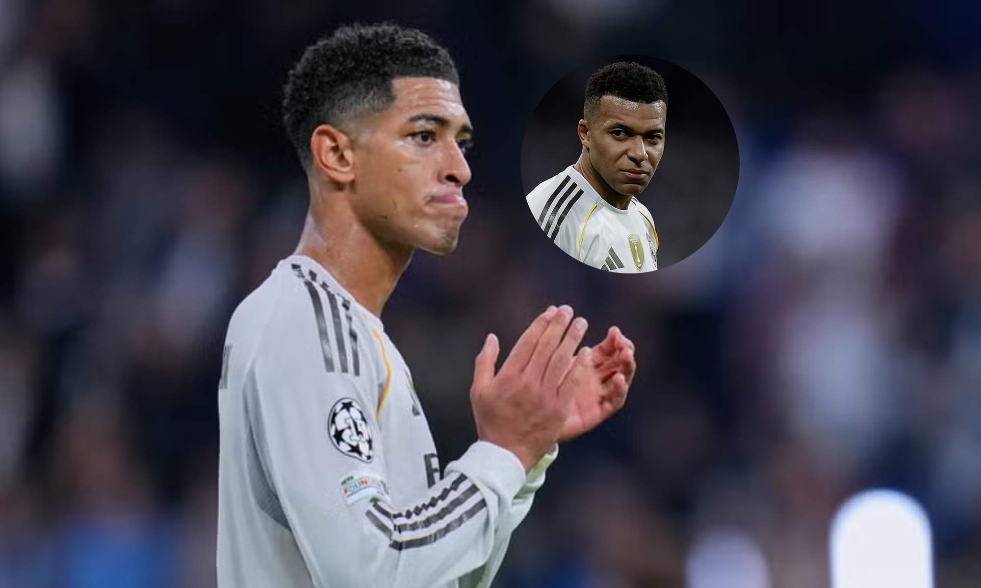Jude Bellingham en un partido del Real Madrid y una foto de Kylian Mbappé. 
