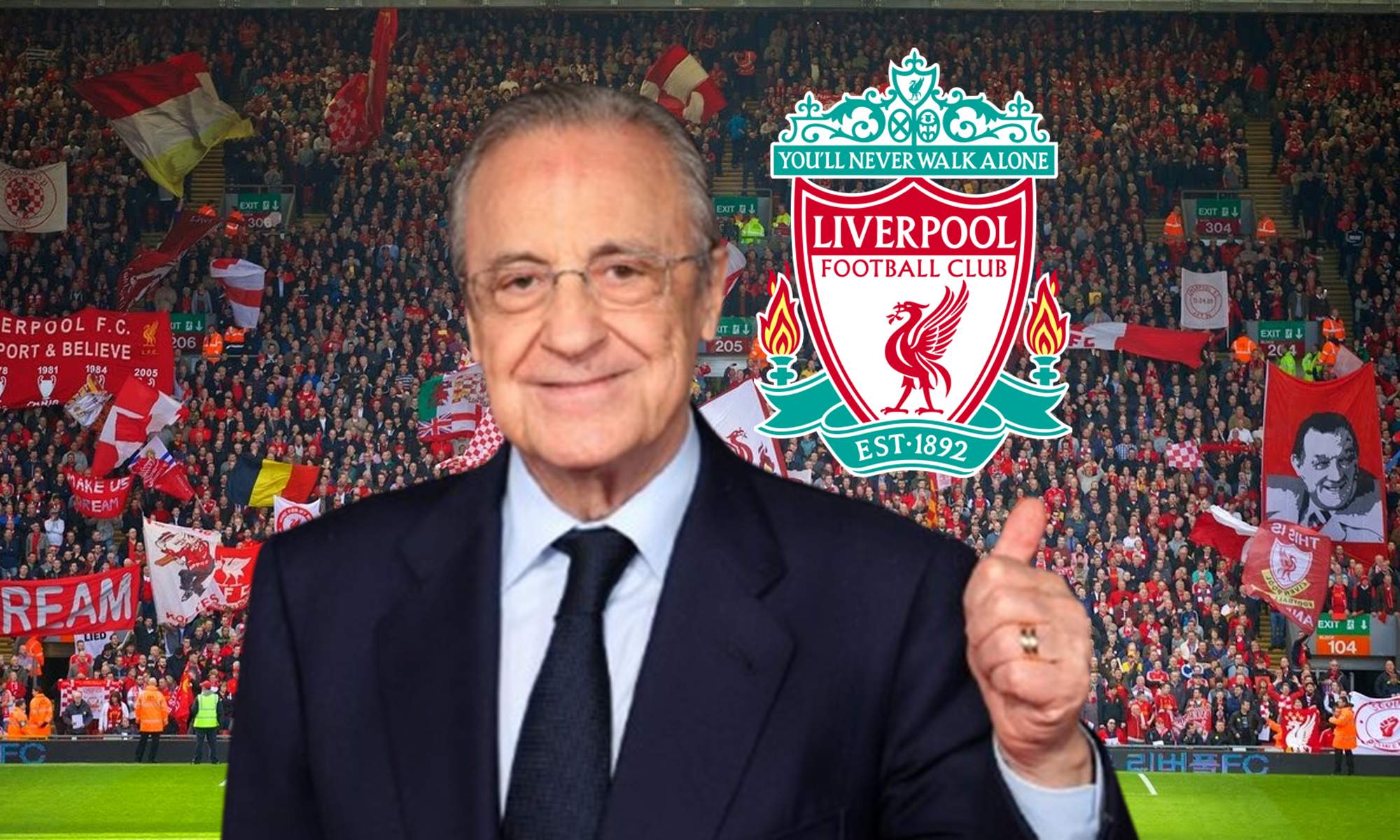 Florentino Pérez levantando el pulgar y el escudo del Liverpool.