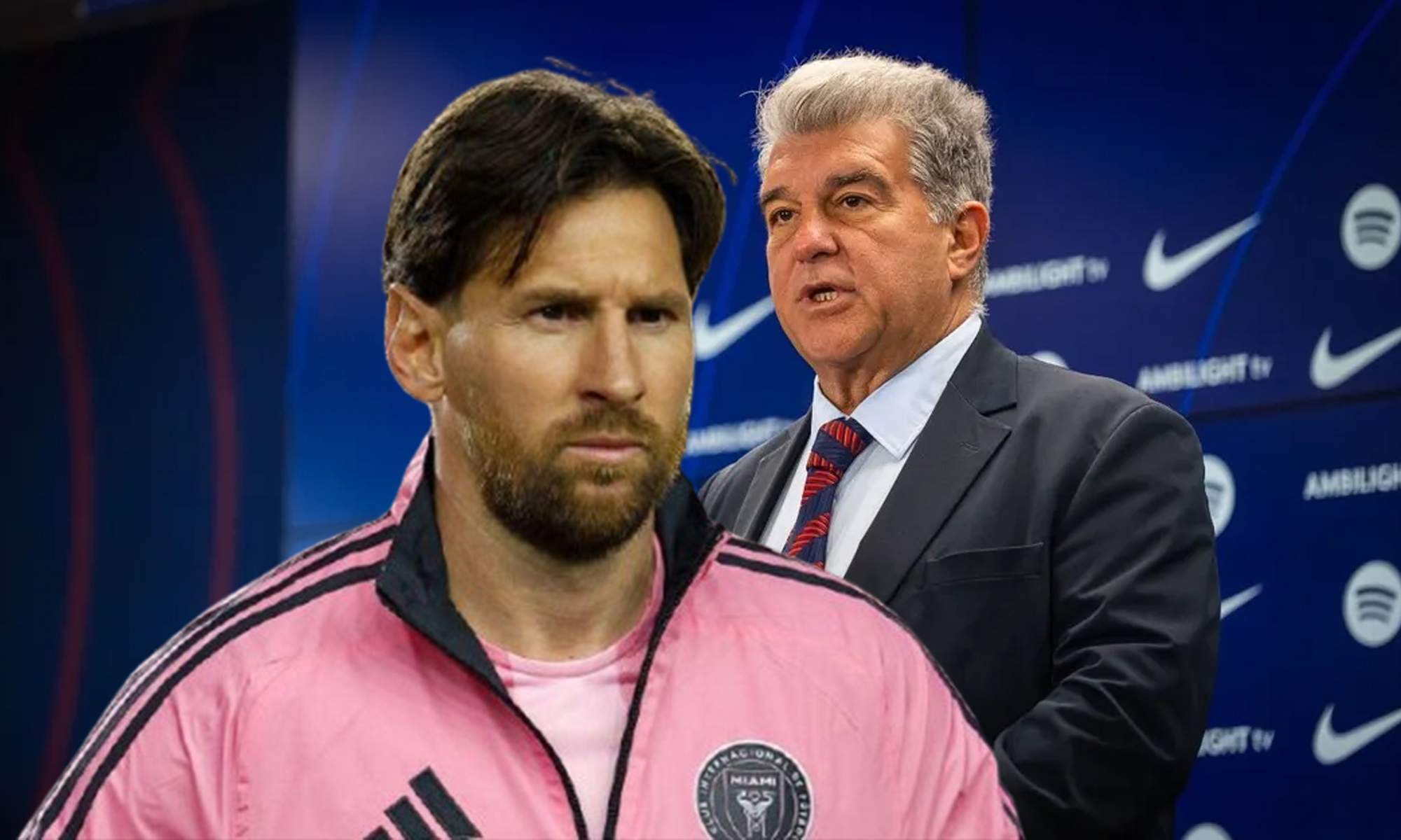 Leo Messi y una foto de Joan Laporta hablando.