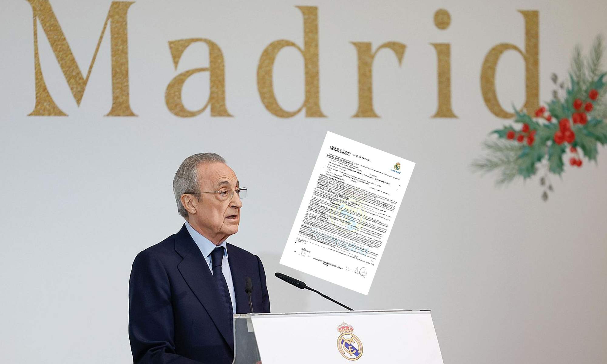Florentino Pérez hablando y un contrato del Real Madrid. 