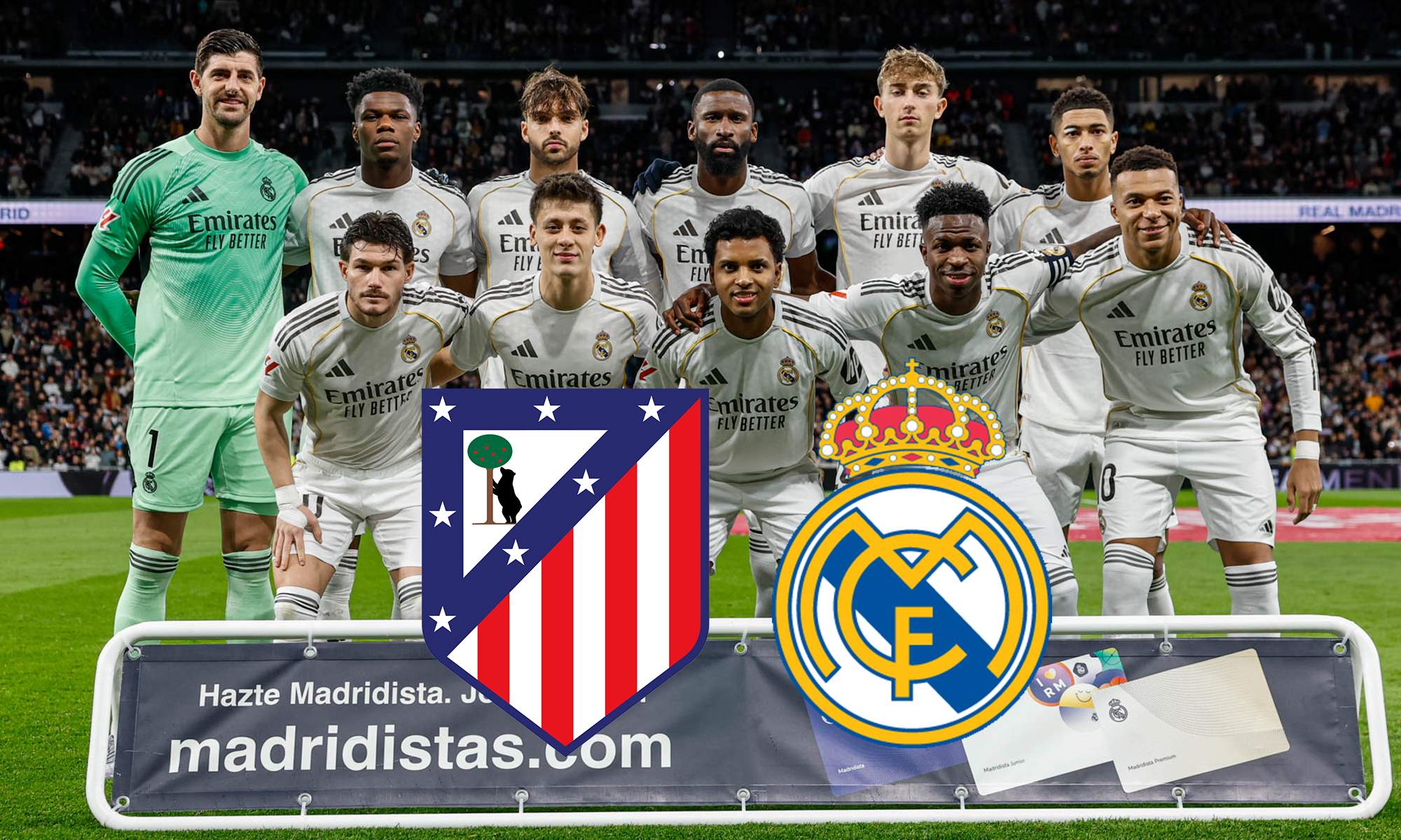 Once del Real Madrid y escudos del Atlético y el Madrid.