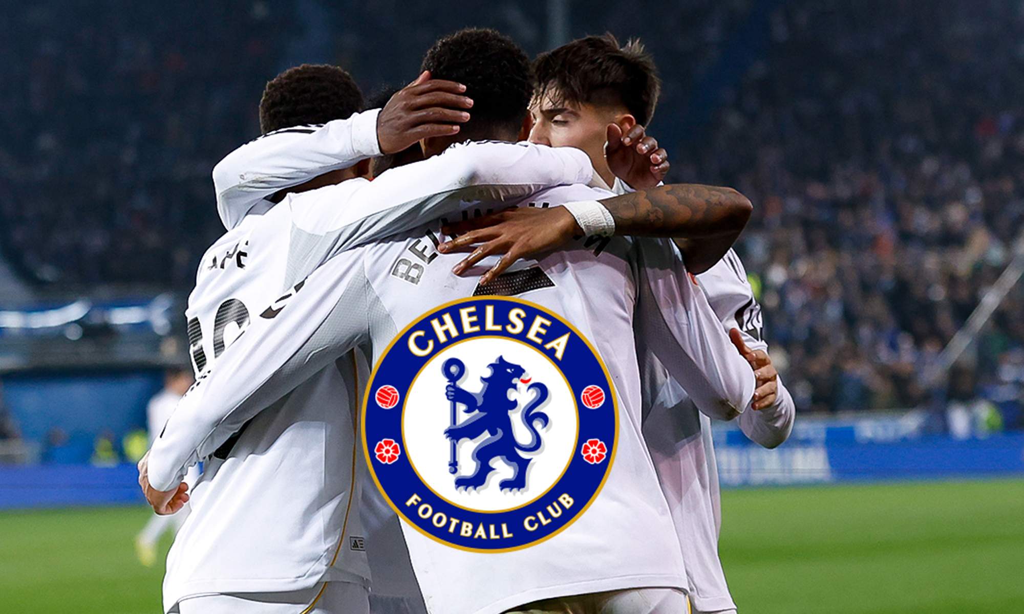 Jugadores del Real Madrid y el escudo del Chelsea.