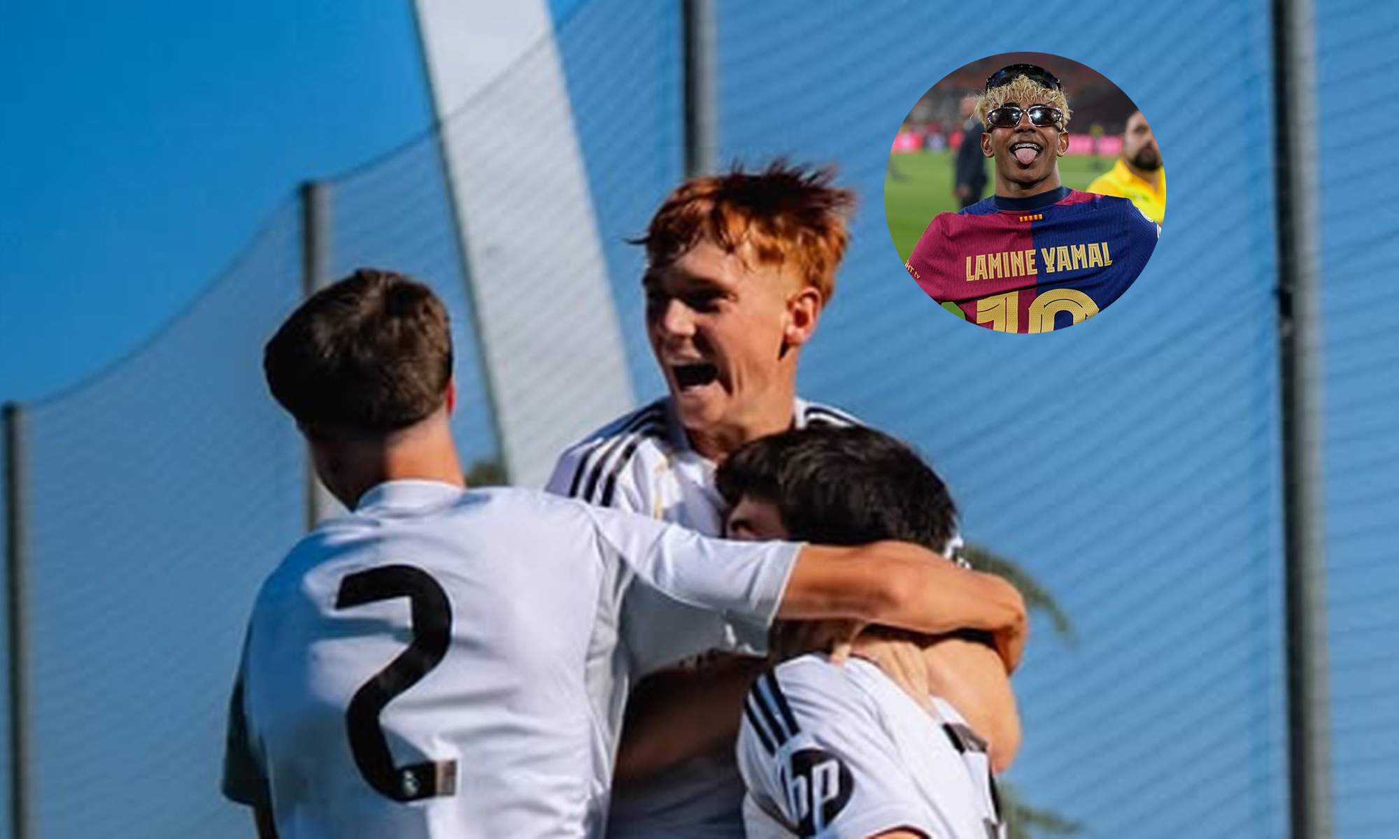 Gabri Valero y canteranos del Real Madrid celebrando un gol, y una foto de Lamine Yamal. 