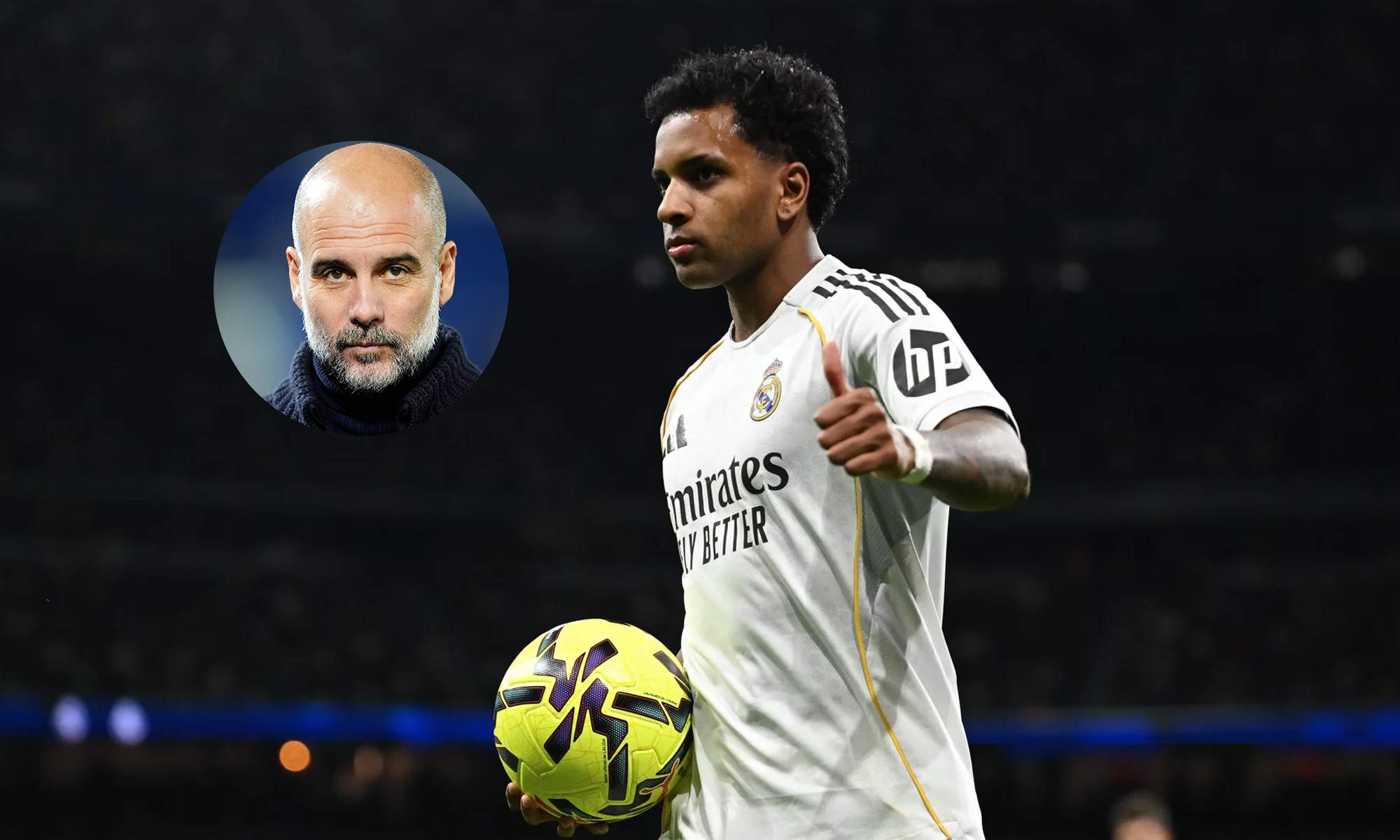 Rodrygo Goes jugando un partido con el Real Madrid y una foto de Pep Guardiola.