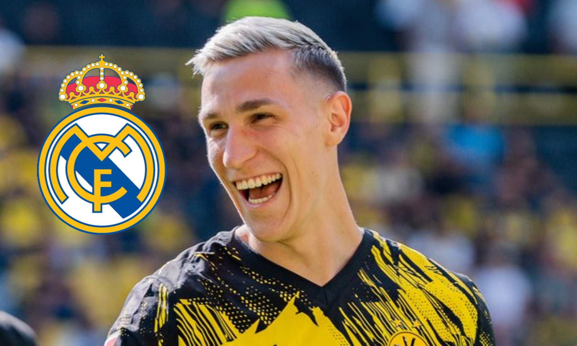 Schlotterbeck jugando un partido con el Borussia Dortmund y el escudo del Real Madrid.