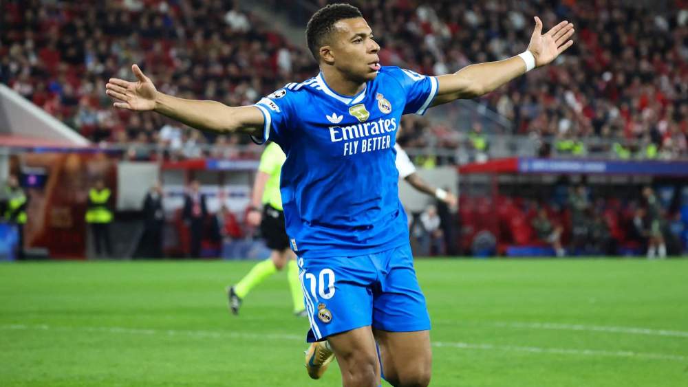 Kylian Mbappé, celebrando un gol con el Real Madrid en la Champions.