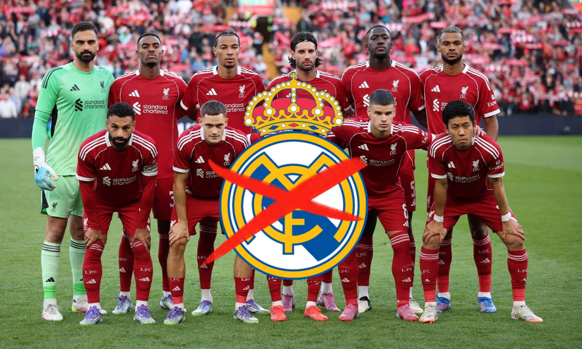 El once del Liverpool y el escudo del Real Madrid tachado. 