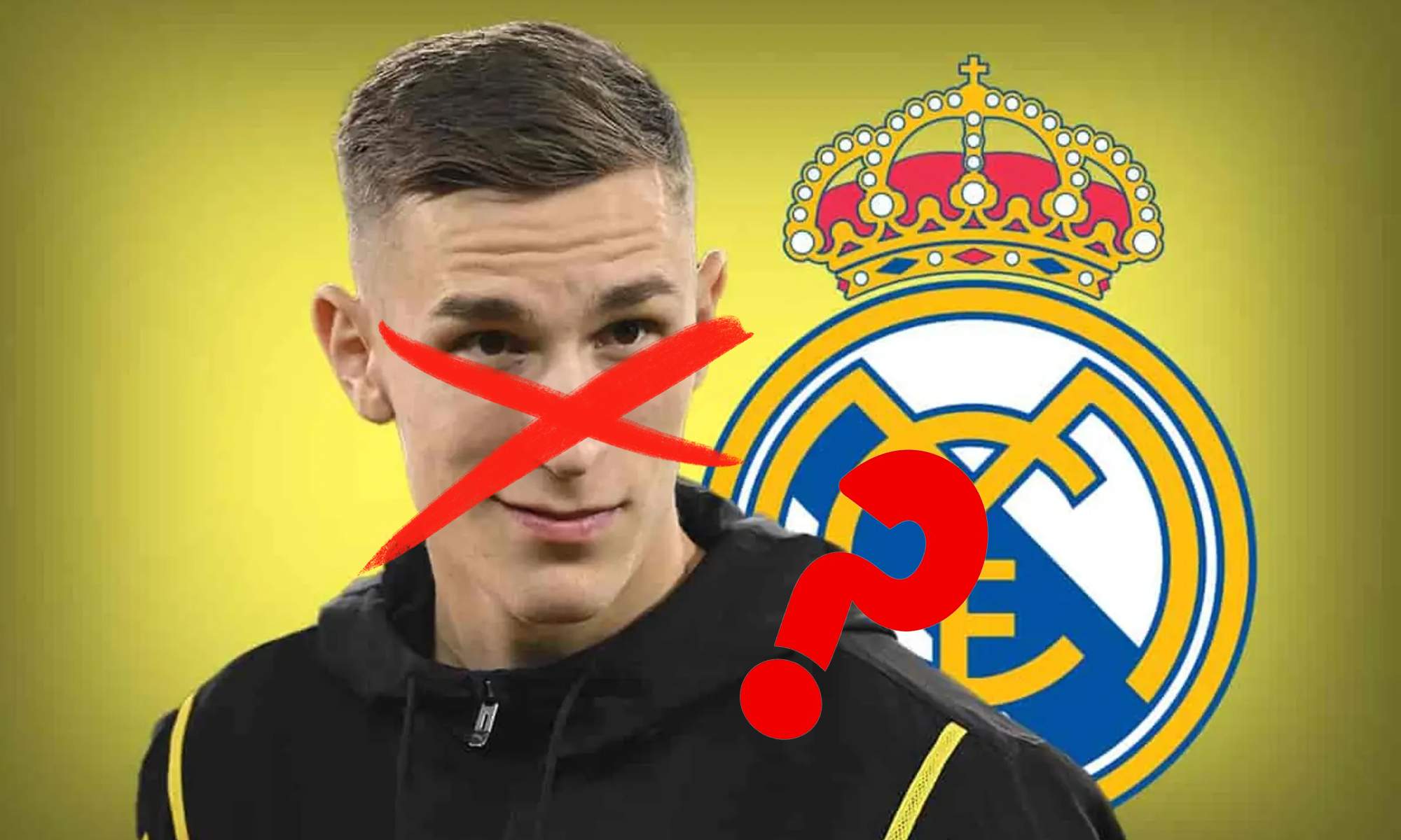 Schlotterbeck tachado, el escudo del Real Madrid y una interrogación.