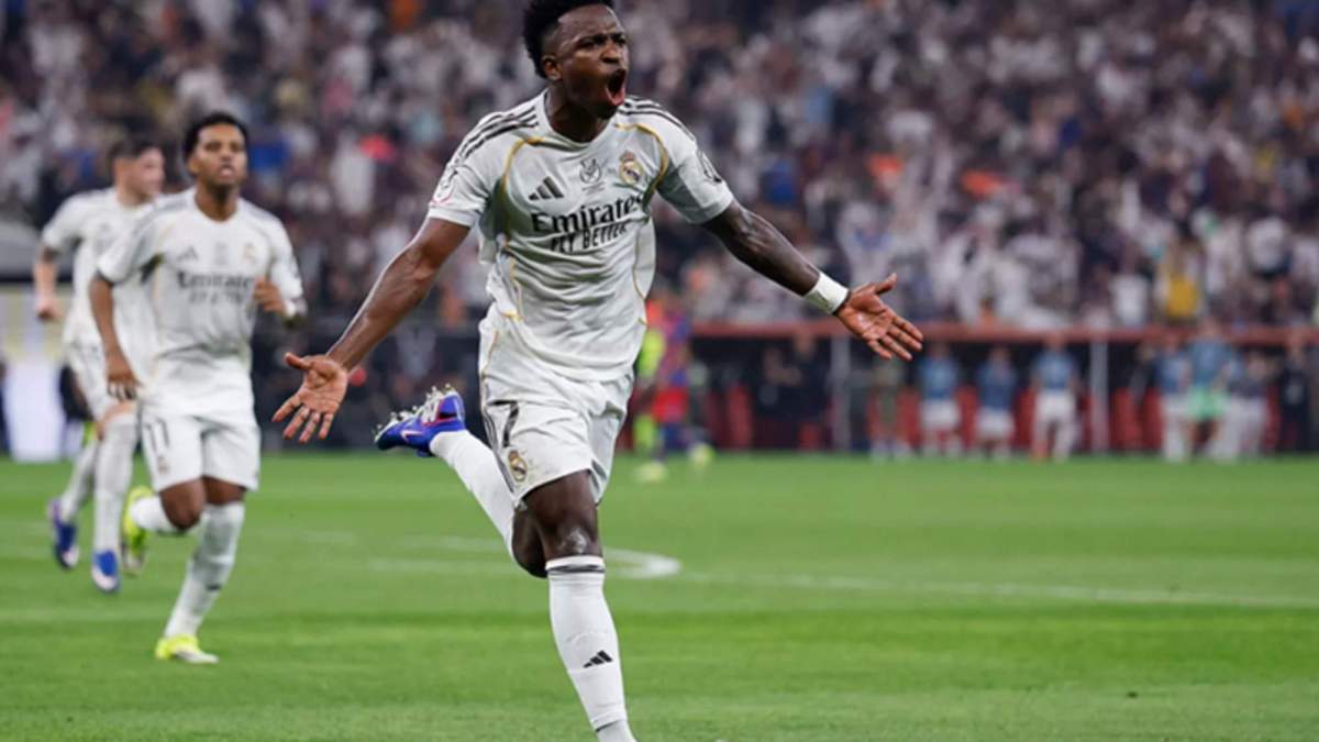 Vinícius Júnior celebrando su gol contra el Barcelona en la final de la Supercopa de España. Vinícius Júnior celebrando su gol contra el Barcelona en la final de la Supercopa de España.