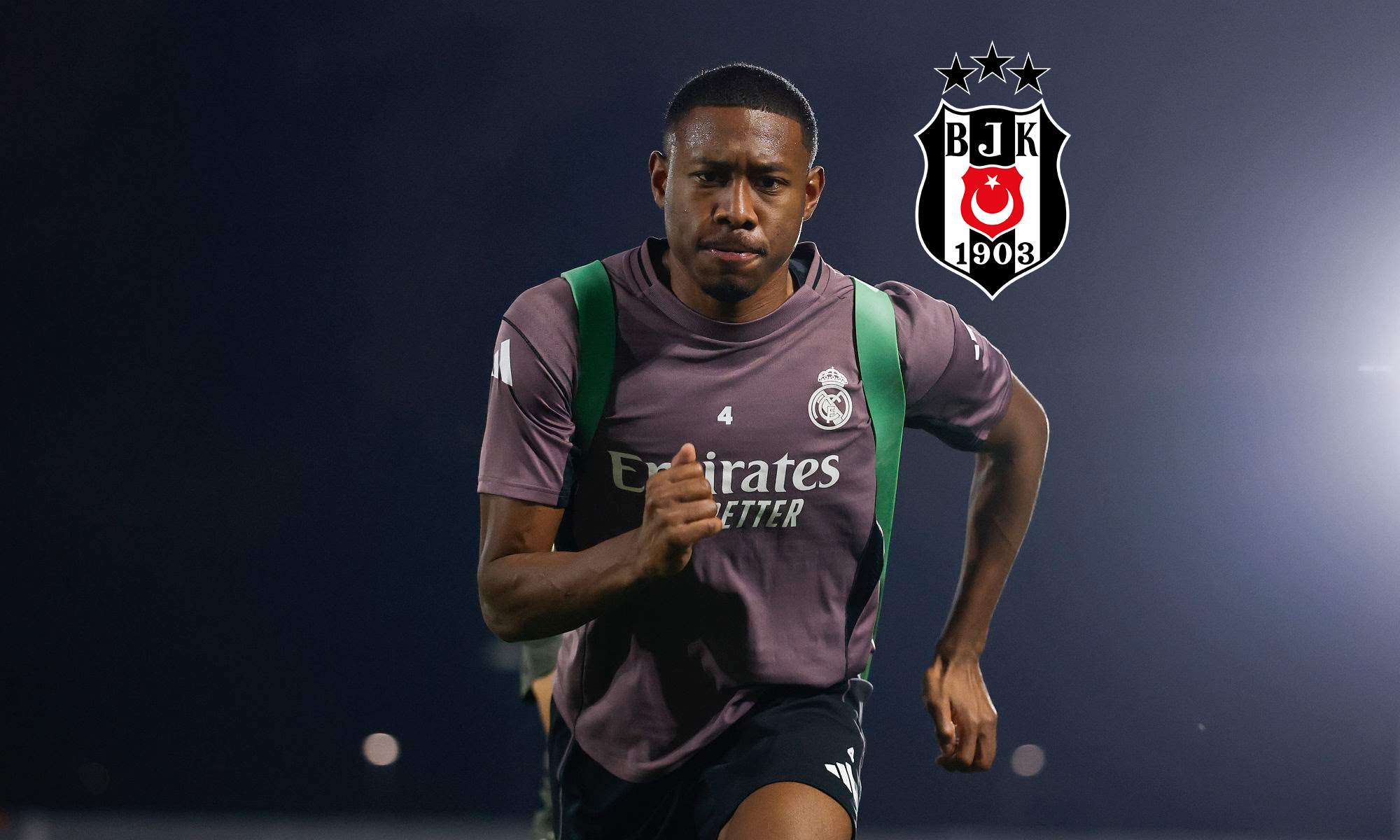 David Alaba entrenando con el Real Madrid y el escudo del Besiktas. 