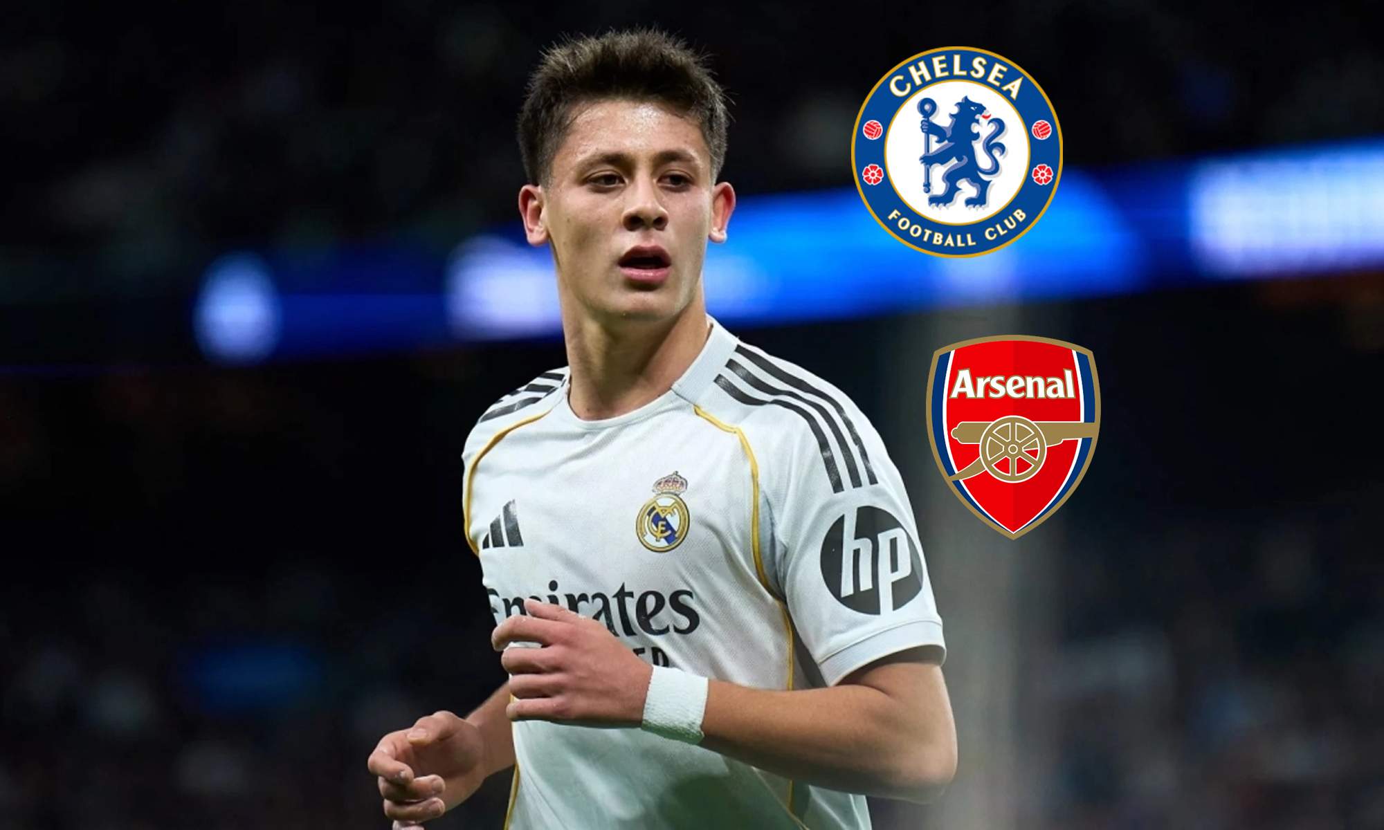 Arda Güler con la camiseta del Real Madrid y los escudos del Chelsea y el Arsenal. 