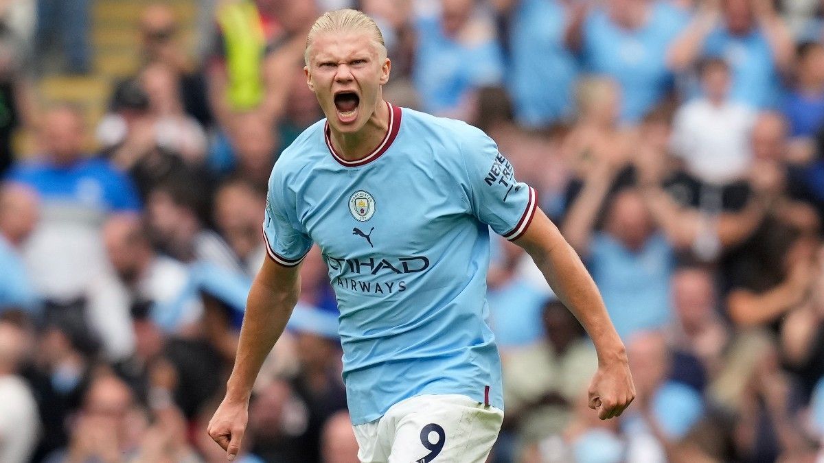 Haaland celebra uno de sus últimos goles con el Manchester City